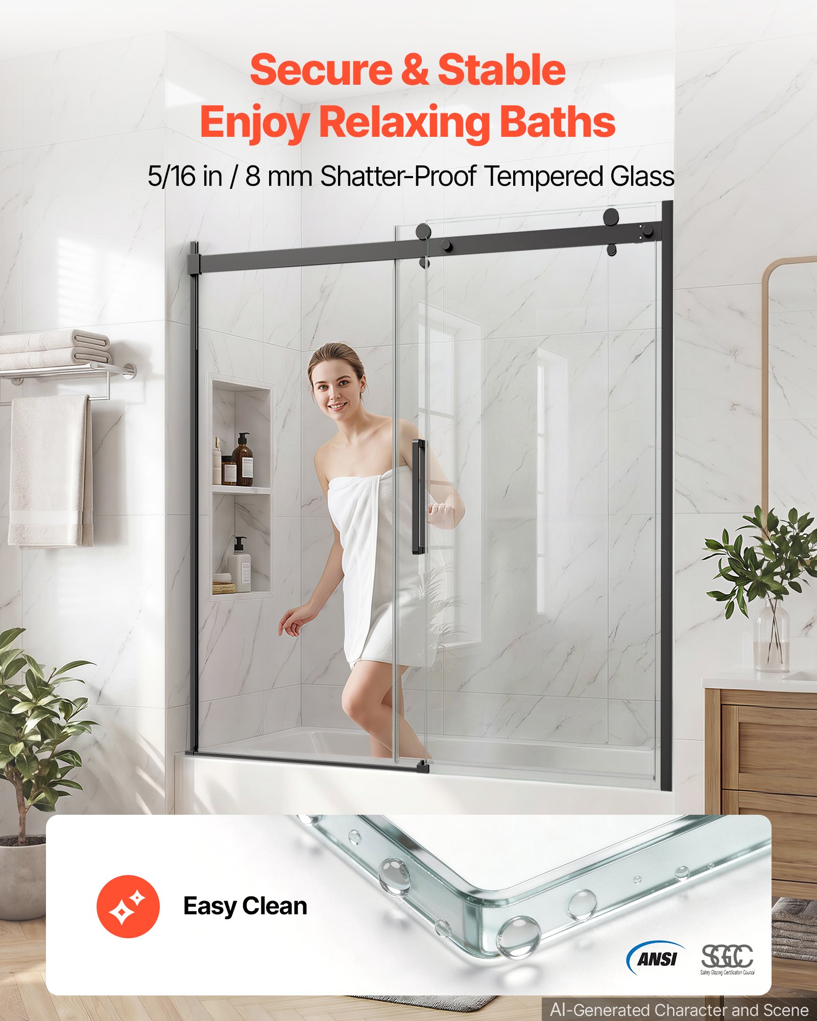 VEVOR Bathtub Shower Door 60" W x 60" H Semi-Frameless Sliding Door Black, 5/16" Thick Clear Tempered Glass, Sliding Tub Shower Door with 2 Stainless Steel Handles, Nano Coating, for Bathroom Tubs