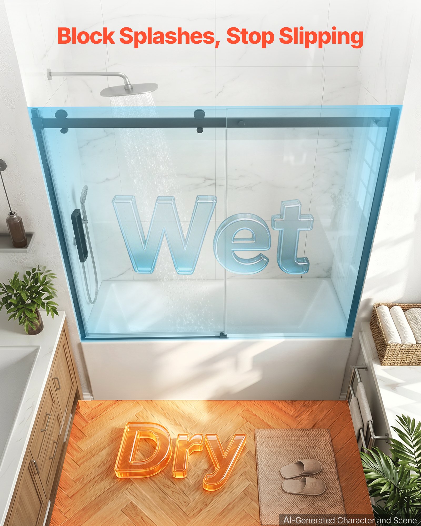 VEVOR Bathtub Shower Door 60" W x 60" H Semi-Frameless Sliding Door Black, 5/16" Thick Clear Tempered Glass, Sliding Tub Shower Door with 2 Stainless Steel Handles, Nano Coating, for Bathroom Tubs