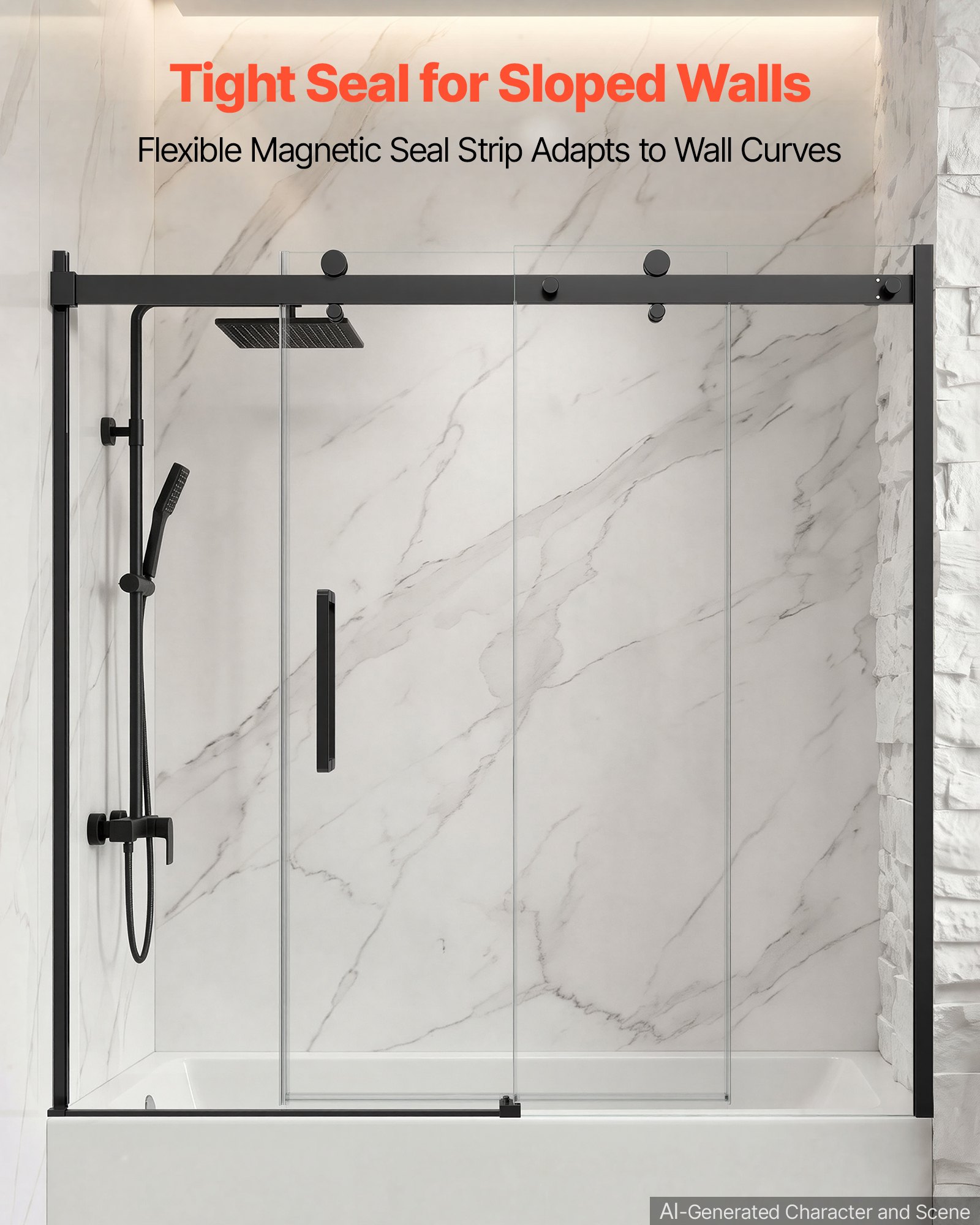 VEVOR Bathtub Shower Door 60" W x 60" H Semi-Frameless Sliding Door Black, 5/16" Thick Clear Tempered Glass, Sliding Tub Shower Door with 2 Stainless Steel Handles, Nano Coating, for Bathroom Tubs