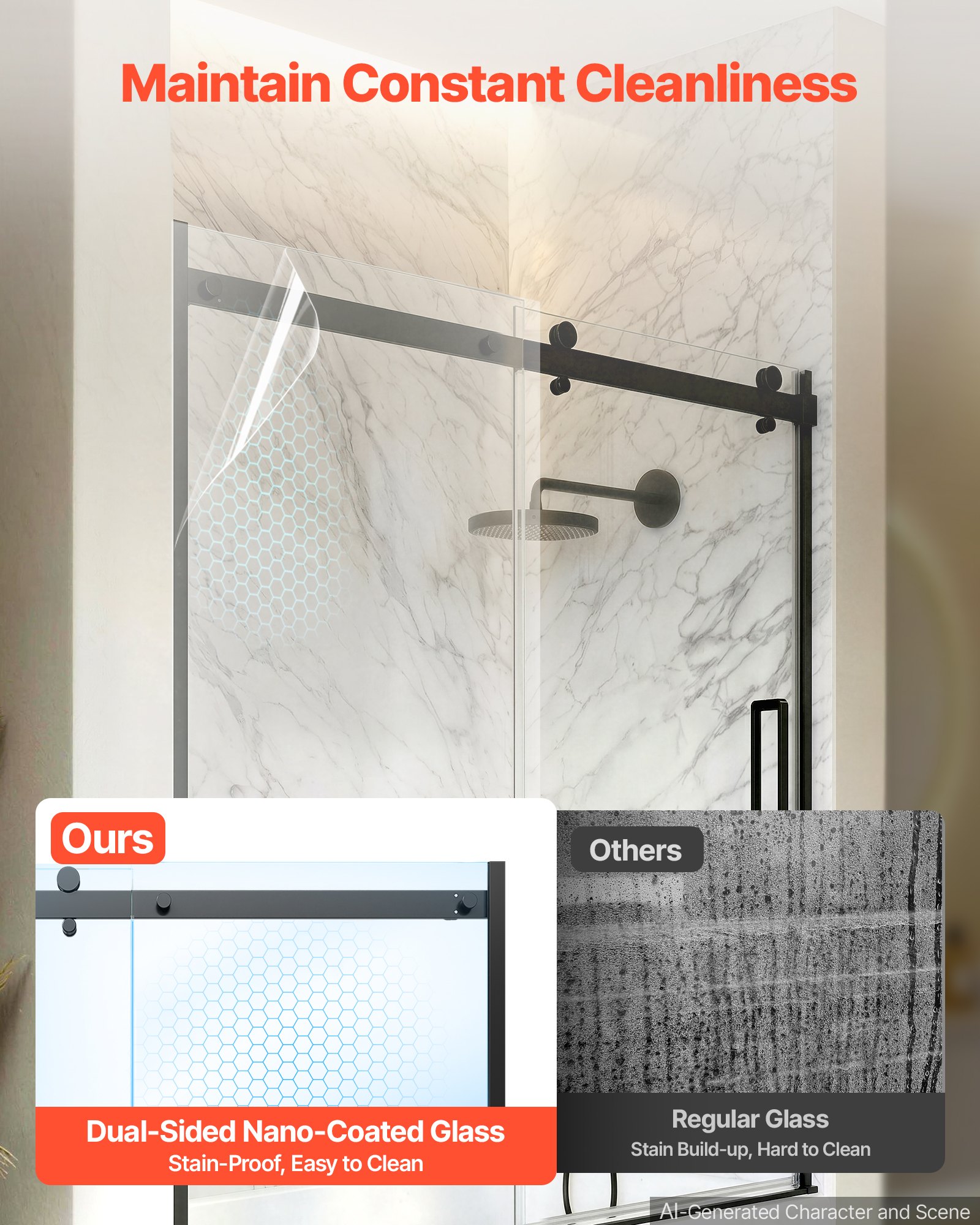 VEVOR Bathtub Shower Door 60" W x 60" H Semi-Frameless Sliding Door Black, 5/16" Thick Clear Tempered Glass, Sliding Tub Shower Door with 2 Stainless Steel Handles, Nano Coating, for Bathroom Tubs