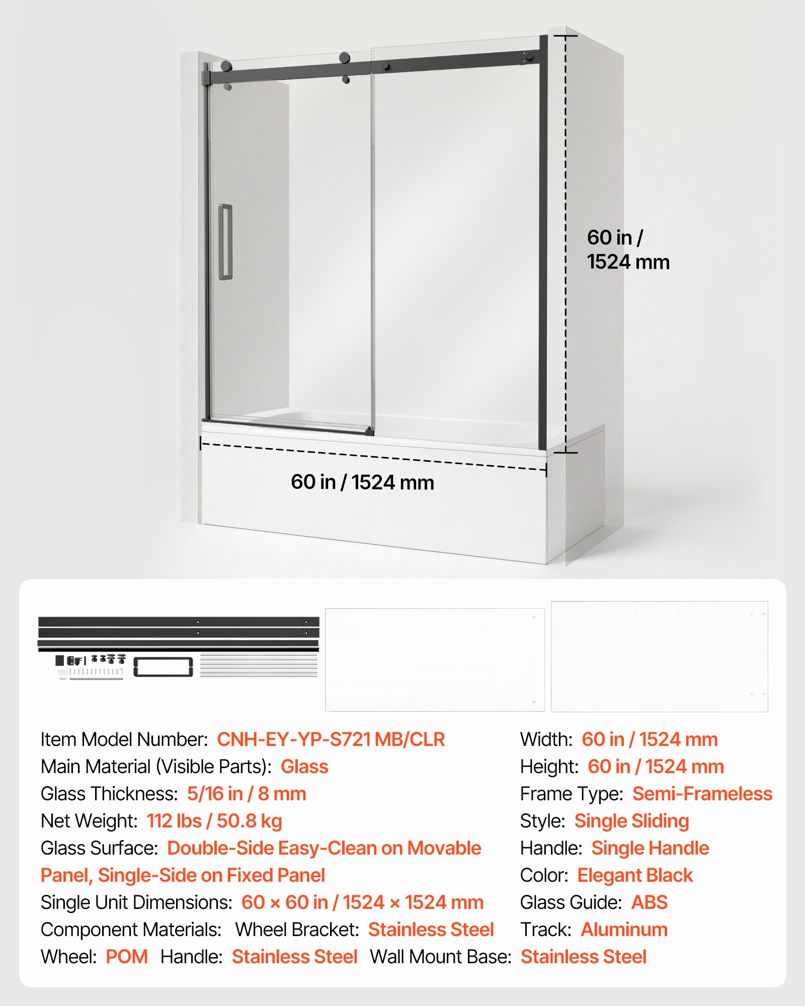 VEVOR Bathtub Shower Door 60" W x 60" H Semi-Frameless Sliding Door Black, 5/16" Thick Clear Tempered Glass, Sliding Tub Shower Door with 2 Stainless Steel Handles, Nano Coating, for Bathroom Tubs
