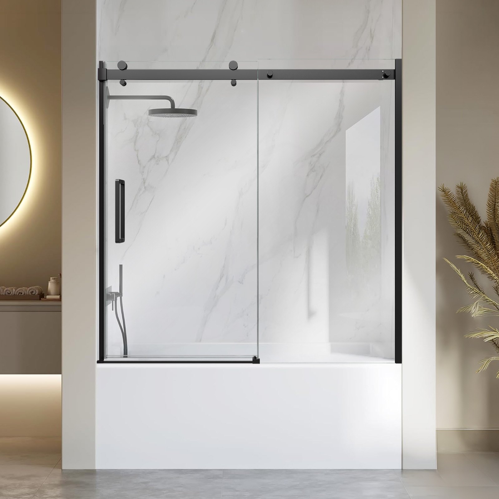 VEVOR Bathtub Shower Door 60" W x 60" H Semi-Frameless Sliding Door Black, 5/16" Thick Clear Tempered Glass, Sliding Tub Shower Door with 2 Stainless Steel Handles, Nano Coating, for Bathroom Tubs