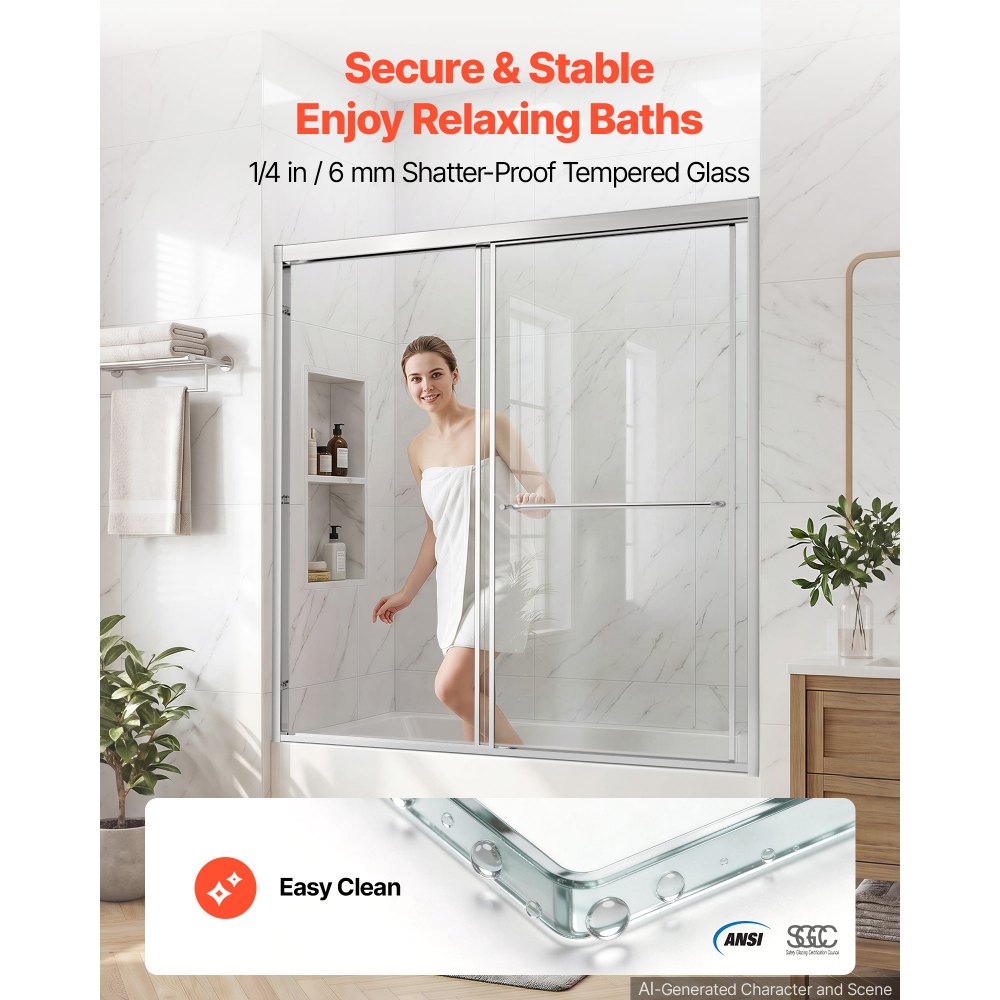 VEVOR Bathtub Shower Door 60" W x 60" H Semi-Frameless Bypass Sliding Doors, 1/4" Clear Tempered Glass, Aluminum Slim Frame, Double Sliding Tub Shower Doors with 2 Stainless Steel Handles, Silver
