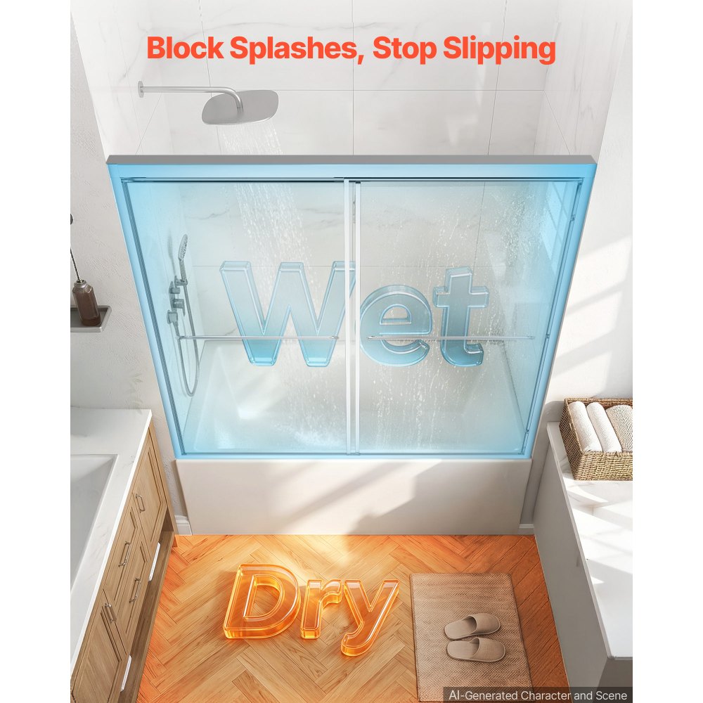 VEVOR Bathtub Shower Door 60" W x 60" H Semi-Frameless Bypass Sliding Doors, 1/4" Clear Tempered Glass, Aluminum Slim Frame, Double Sliding Tub Shower Doors with 2 Stainless Steel Handles, Silver