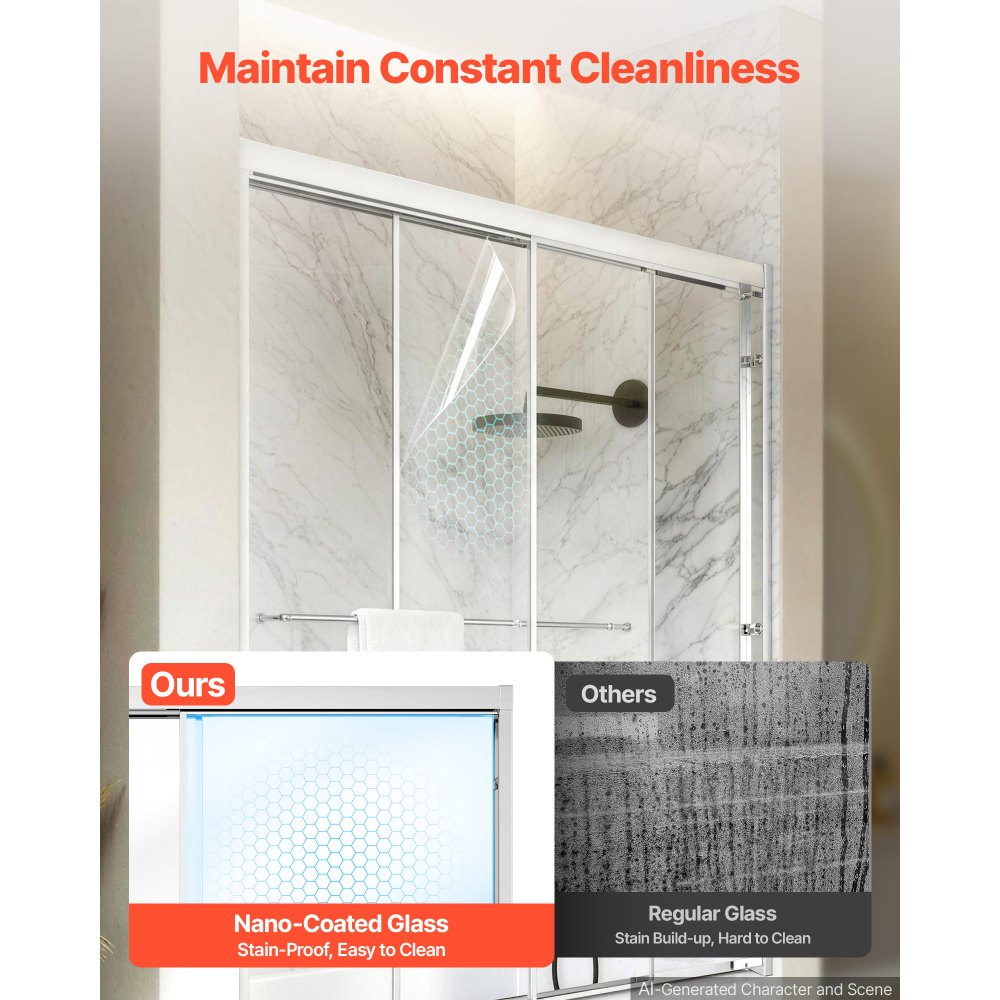 VEVOR Bathtub Shower Door 60" W x 60" H Semi-Frameless Bypass Sliding Doors, 1/4" Clear Tempered Glass, Aluminum Slim Frame, Double Sliding Tub Shower Doors with 2 Stainless Steel Handles, Silver
