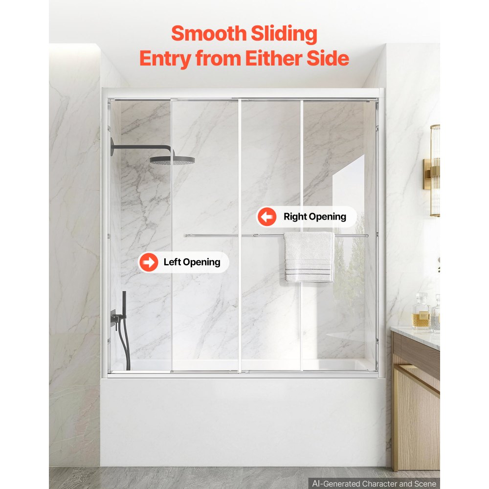 VEVOR Bathtub Shower Door 60" W x 60" H Semi-Frameless Bypass Sliding Doors, 1/4" Clear Tempered Glass, Aluminum Slim Frame, Double Sliding Tub Shower Doors with 2 Stainless Steel Handles, Silver