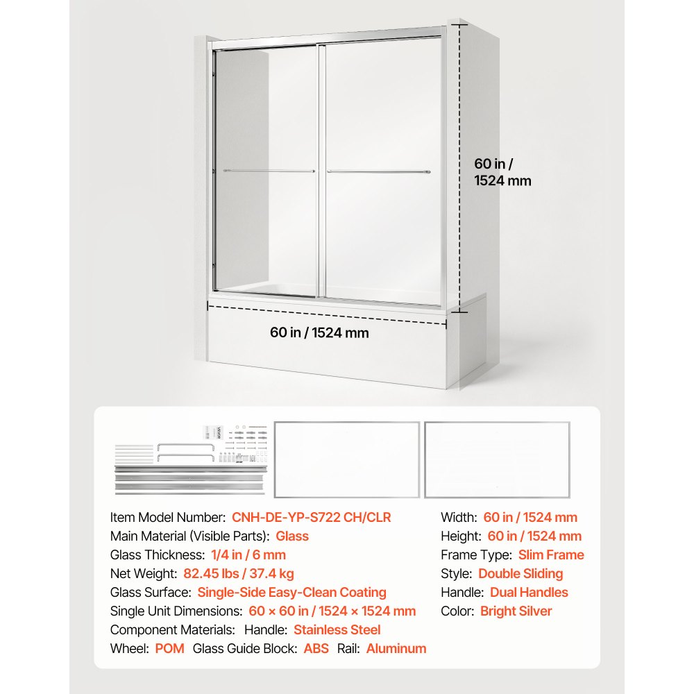 VEVOR Bathtub Shower Door 60" W x 60" H Semi-Frameless Bypass Sliding Doors, 1/4" Clear Tempered Glass, Aluminum Slim Frame, Double Sliding Tub Shower Doors with 2 Stainless Steel Handles, Silver