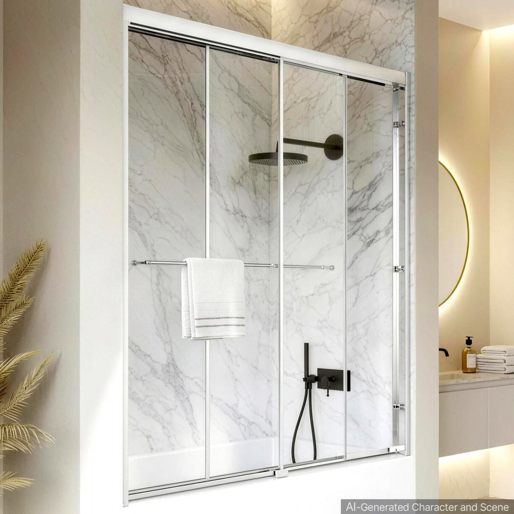 VEVOR Bathtub Shower Door 60" W x 60" H Semi-Frameless Bypass Sliding Doors, 1/4" Clear Tempered Glass, Aluminum Slim Frame, Double Sliding Tub Shower Doors with 2 Stainless Steel Handles, Silver