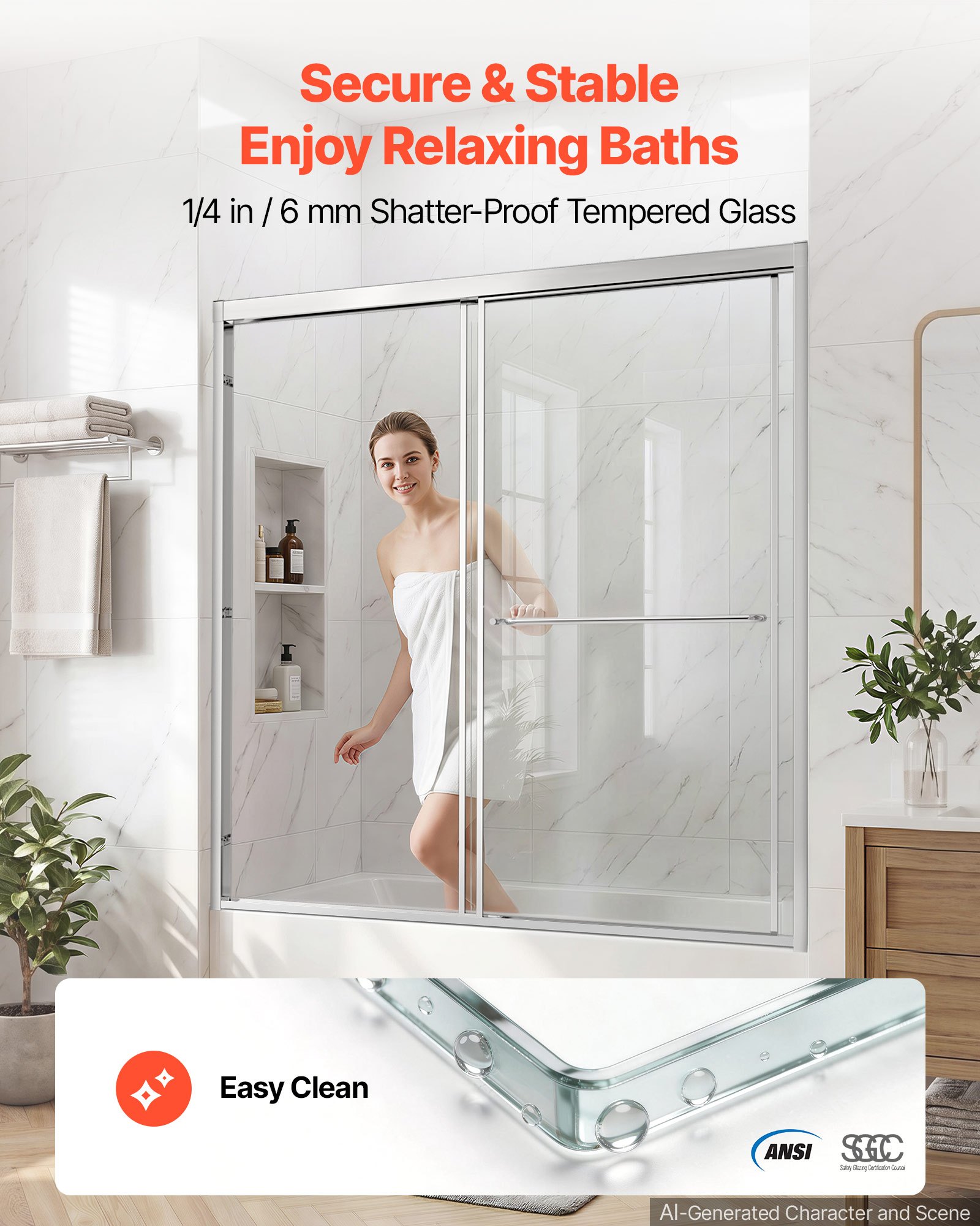 VEVOR Bathtub Shower Door 60" W x 60" H Semi-Frameless Bypass Sliding Doors, 1/4" Clear Tempered Glass, Aluminum Slim Frame, Double Sliding Tub Shower Doors with 2 Stainless Steel Handles, Silver
