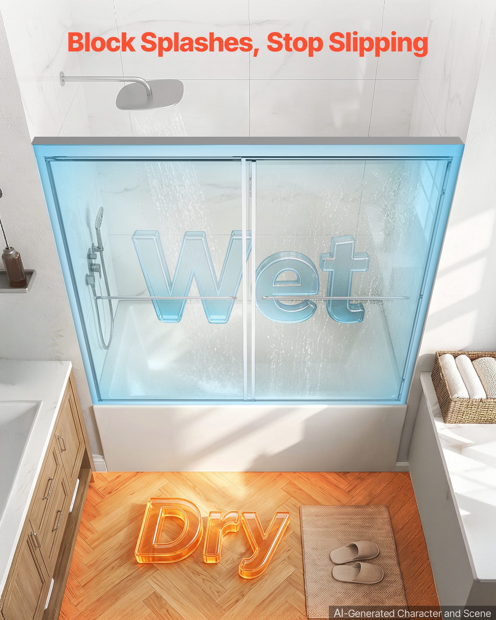 VEVOR Bathtub Shower Door 60" W x 60" H Semi-Frameless Bypass Sliding Doors, 1/4" Clear Tempered Glass, Aluminum Slim Frame, Double Sliding Tub Shower Doors with 2 Stainless Steel Handles, Silver