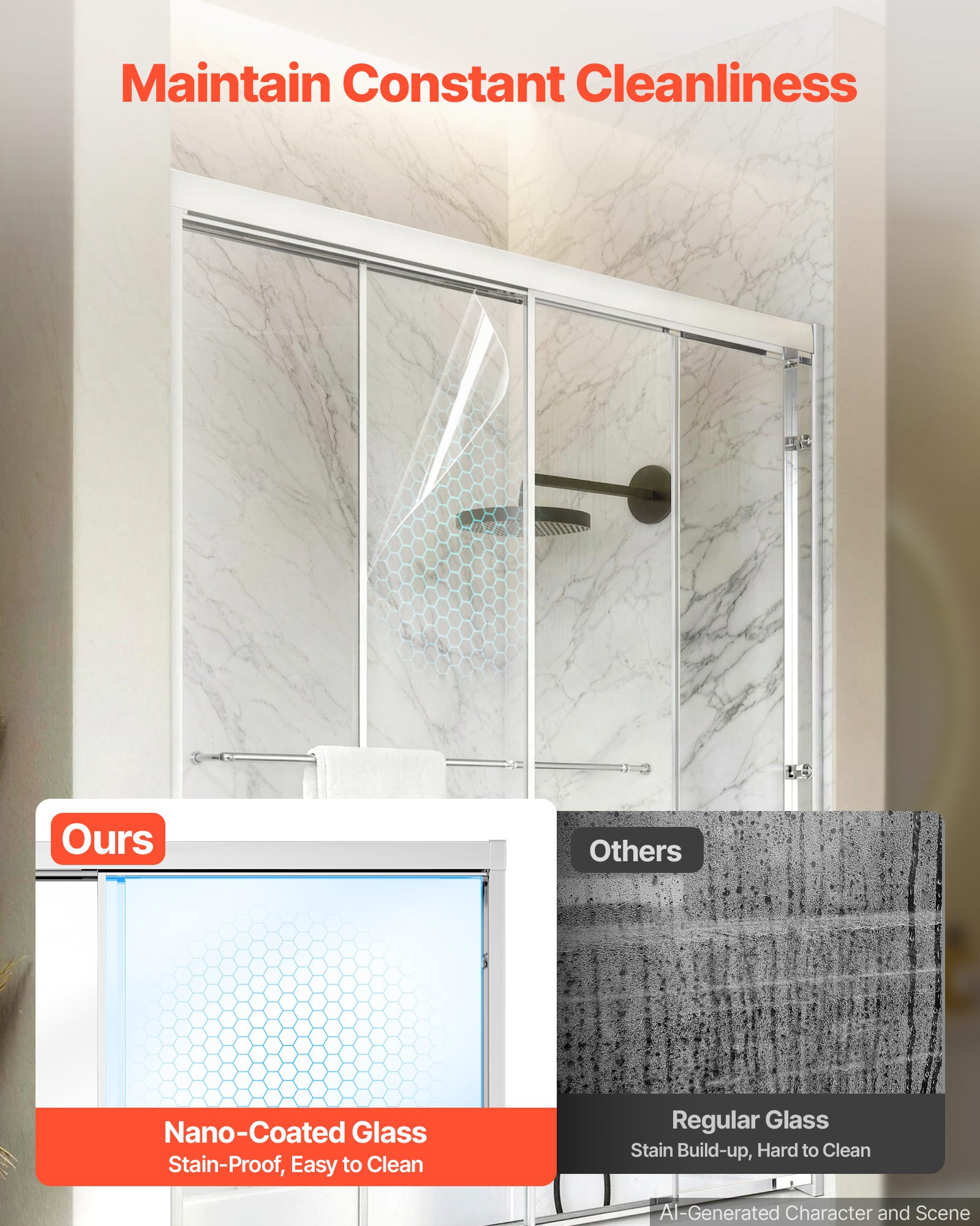 VEVOR Bathtub Shower Door 60" W x 60" H Semi-Frameless Bypass Sliding Doors, 1/4" Clear Tempered Glass, Aluminum Slim Frame, Double Sliding Tub Shower Doors with 2 Stainless Steel Handles, Silver
