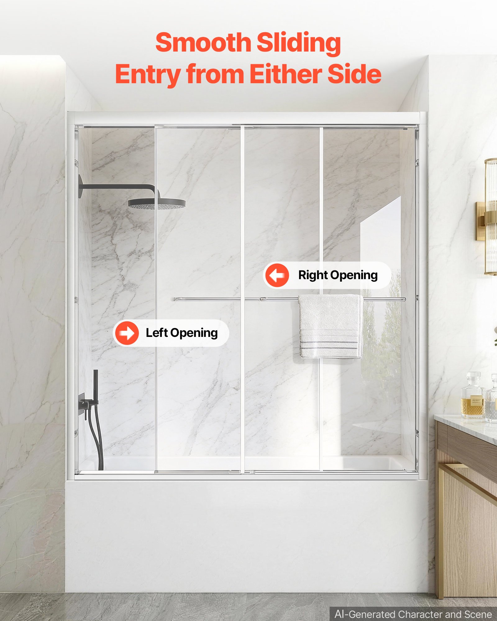 VEVOR Bathtub Shower Door 60" W x 60" H Semi-Frameless Bypass Sliding Doors, 1/4" Clear Tempered Glass, Aluminum Slim Frame, Double Sliding Tub Shower Doors with 2 Stainless Steel Handles, Silver