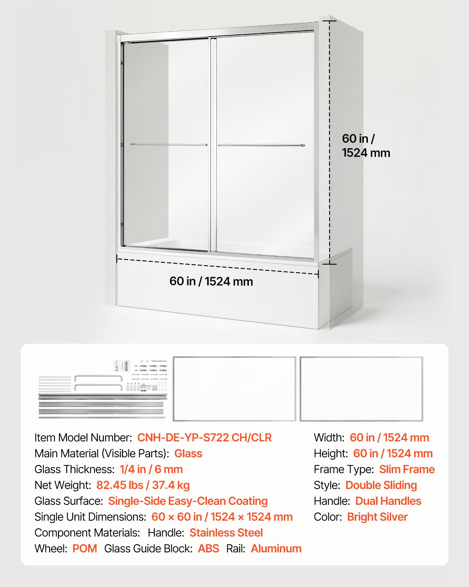 VEVOR Bathtub Shower Door 60" W x 60" H Semi-Frameless Bypass Sliding Doors, 1/4" Clear Tempered Glass, Aluminum Slim Frame, Double Sliding Tub Shower Doors with 2 Stainless Steel Handles, Silver