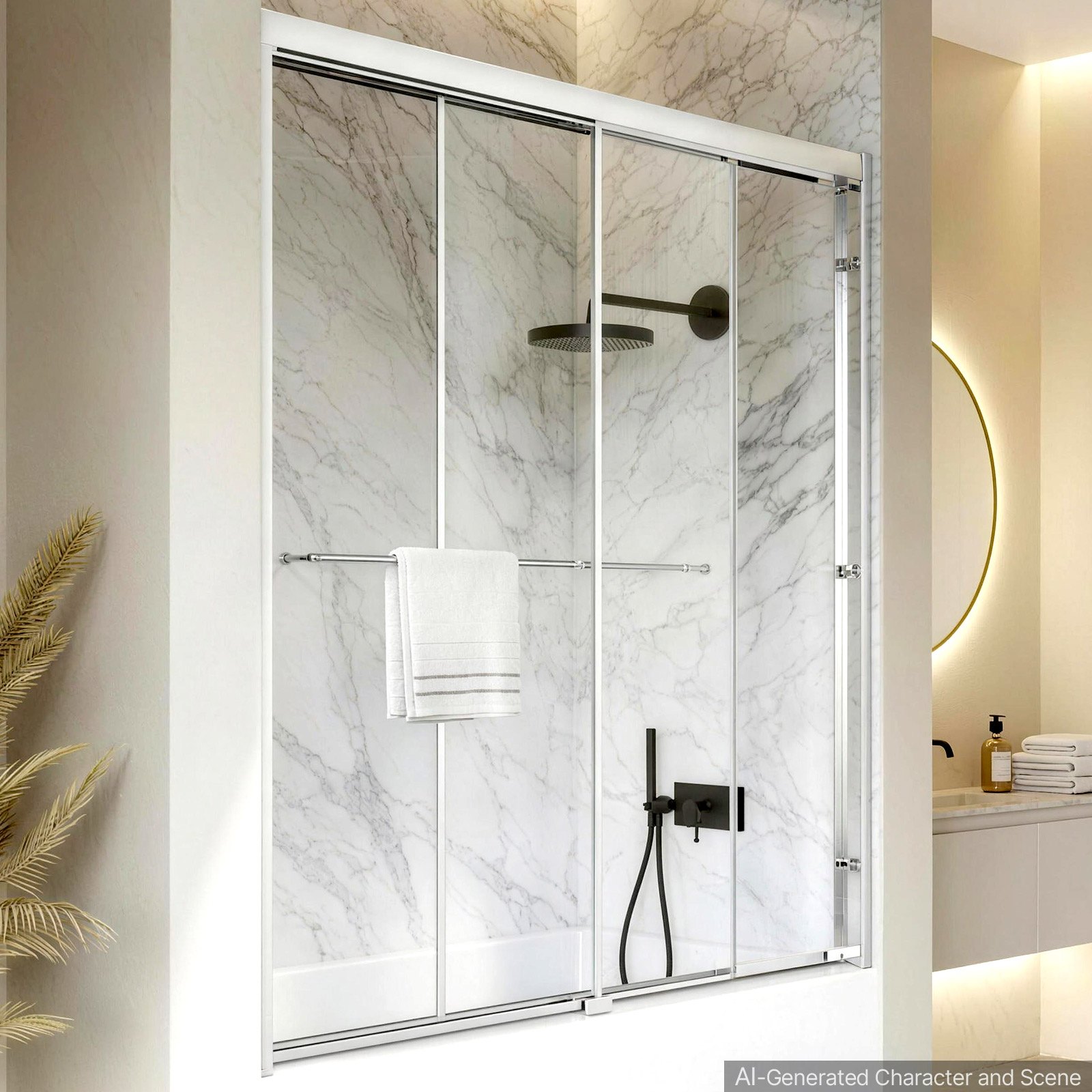 VEVOR Bathtub Shower Door 60" W x 60" H Semi-Frameless Bypass Sliding Doors, 1/4" Clear Tempered Glass, Aluminum Slim Frame, Double Sliding Tub Shower Doors with 2 Stainless Steel Handles, Silver