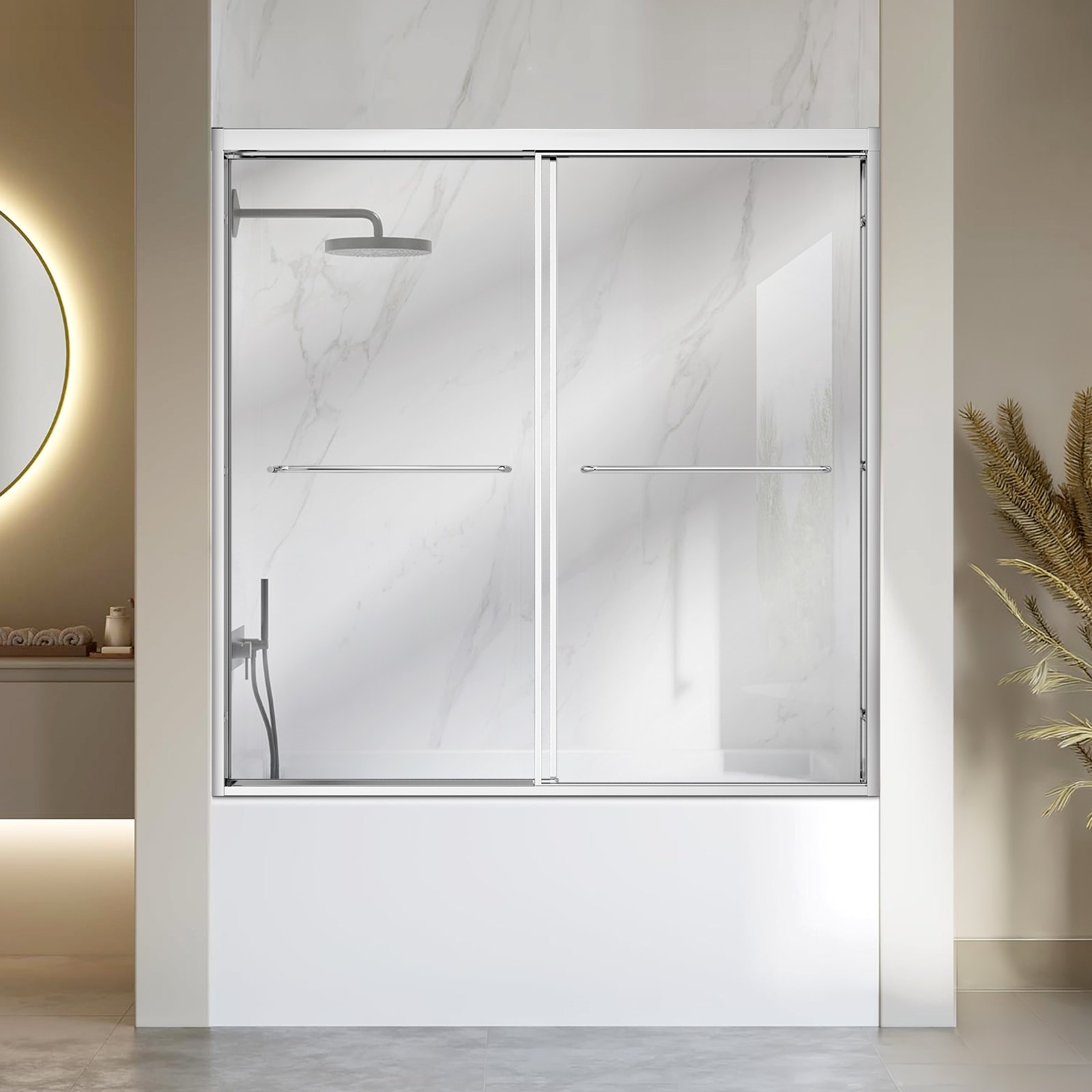 VEVOR Bathtub Shower Door 60" W x 60" H Semi-Frameless Bypass Sliding Doors, 1/4" Clear Tempered Glass, Aluminum Slim Frame, Double Sliding Tub Shower Doors with 2 Stainless Steel Handles, Silver