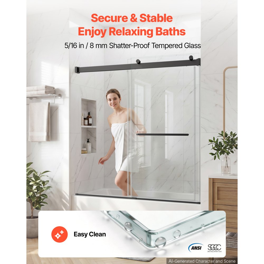 VEVOR Bathtub Shower Door 60"W x 60"H Frameless Bypass Sliding Doors Black, 5/16" Clear Tempered Glass, Double Sliding Tub Shower Doors with 2 Stainless Steel Handles, Nano Coating, for Bathroom Tubs