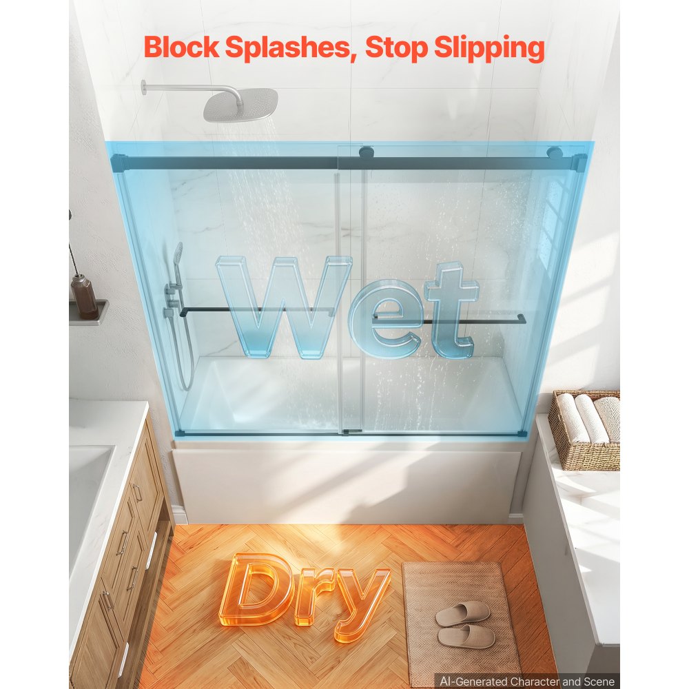 VEVOR Bathtub Shower Door 60"W x 60"H Frameless Bypass Sliding Doors Black, 5/16" Clear Tempered Glass, Double Sliding Tub Shower Doors with 2 Stainless Steel Handles, Nano Coating, for Bathroom Tubs