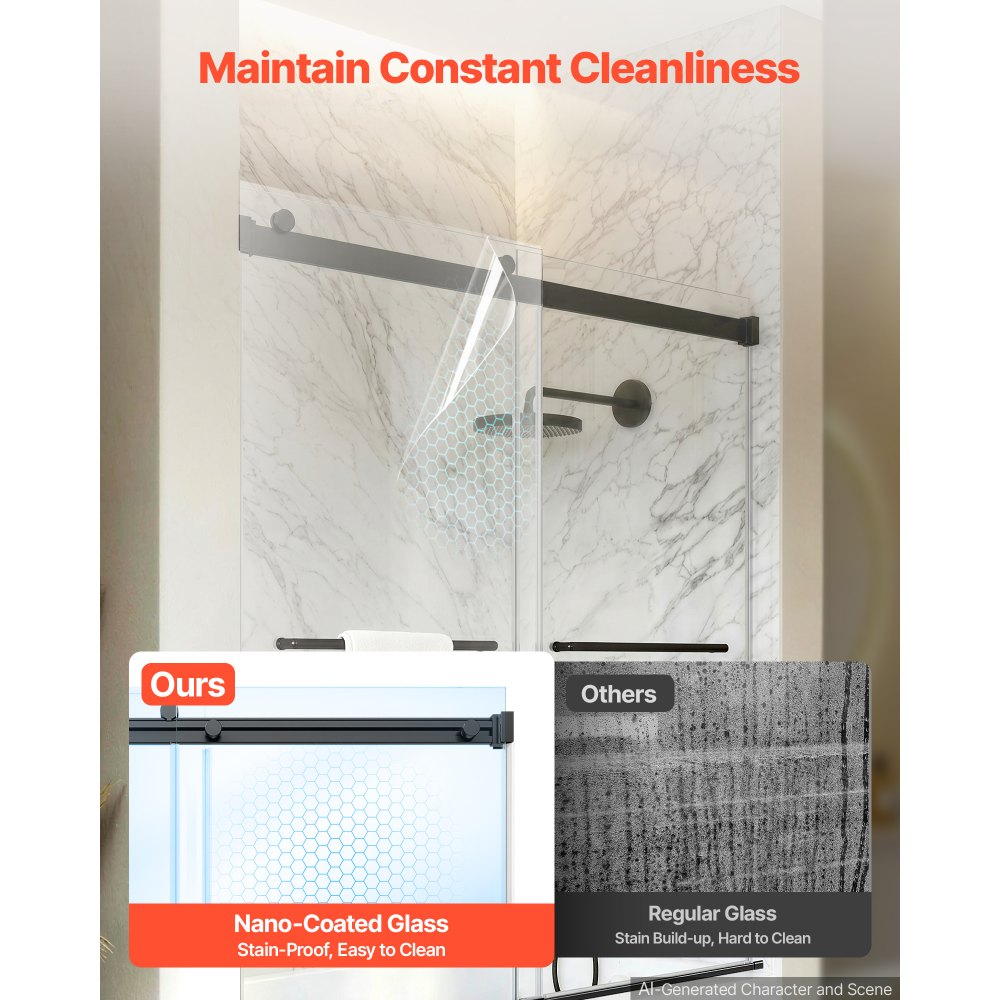 VEVOR Bathtub Shower Door 60"W x 60"H Frameless Bypass Sliding Doors Black, 5/16" Clear Tempered Glass, Double Sliding Tub Shower Doors with 2 Stainless Steel Handles, Nano Coating, for Bathroom Tubs