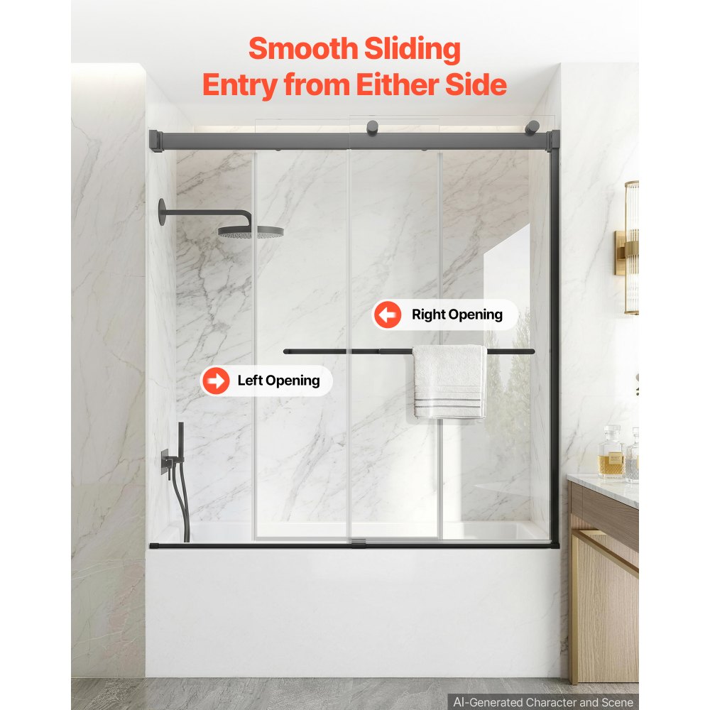 VEVOR Bathtub Shower Door 60"W x 60"H Frameless Bypass Sliding Doors Black, 5/16" Clear Tempered Glass, Double Sliding Tub Shower Doors with 2 Stainless Steel Handles, Nano Coating, for Bathroom Tubs