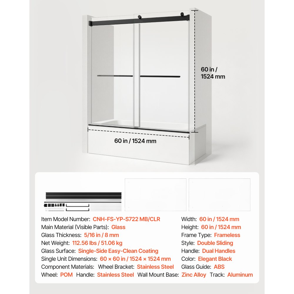 VEVOR Bathtub Shower Door 60"W x 60"H Frameless Bypass Sliding Doors Black, 5/16" Clear Tempered Glass, Double Sliding Tub Shower Doors with 2 Stainless Steel Handles, Nano Coating, for Bathroom Tubs