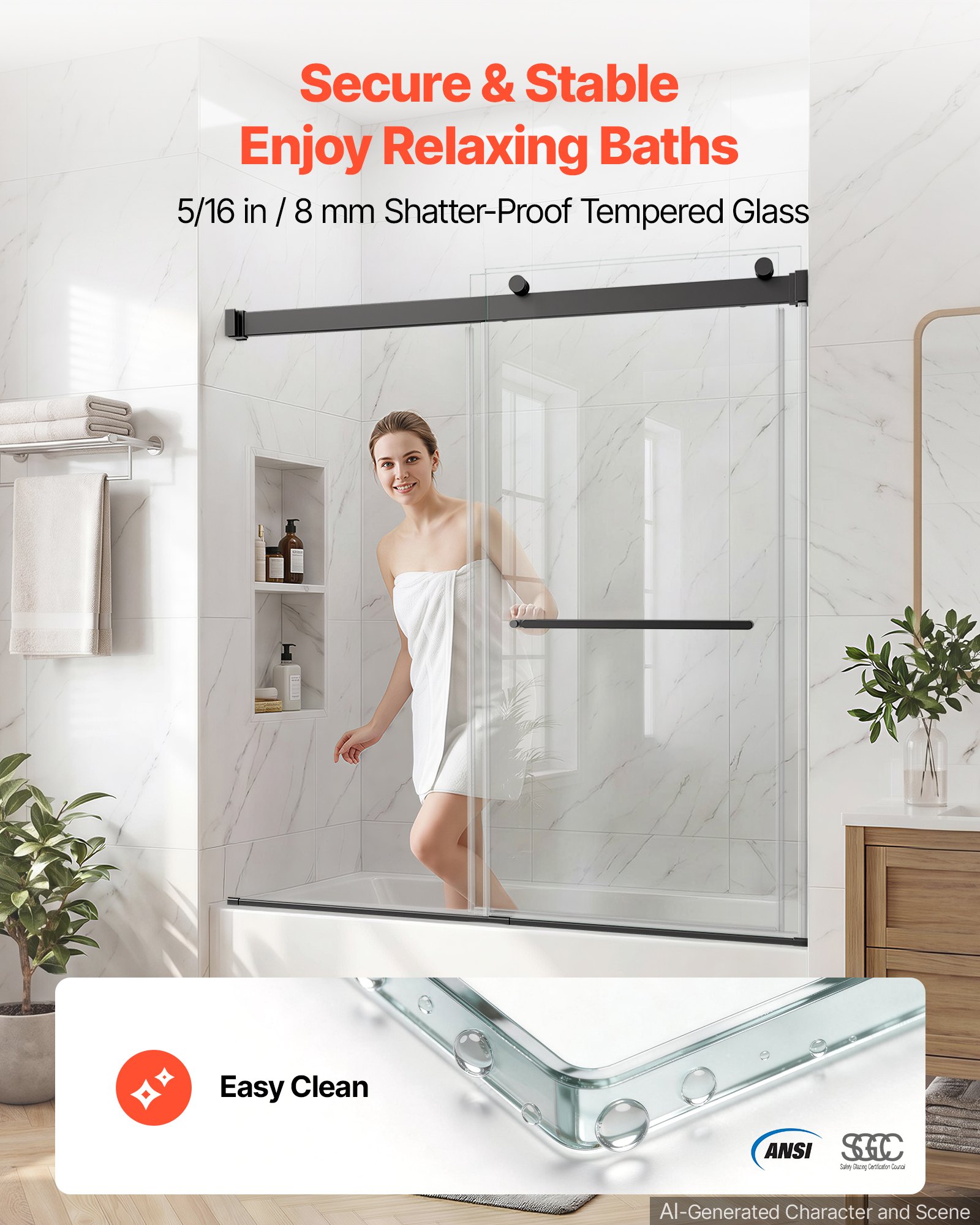 VEVOR Bathtub Shower Door 60"W x 60"H Frameless Bypass Sliding Doors Black, 5/16" Clear Tempered Glass, Double Sliding Tub Shower Doors with 2 Stainless Steel Handles, Nano Coating, for Bathroom Tubs