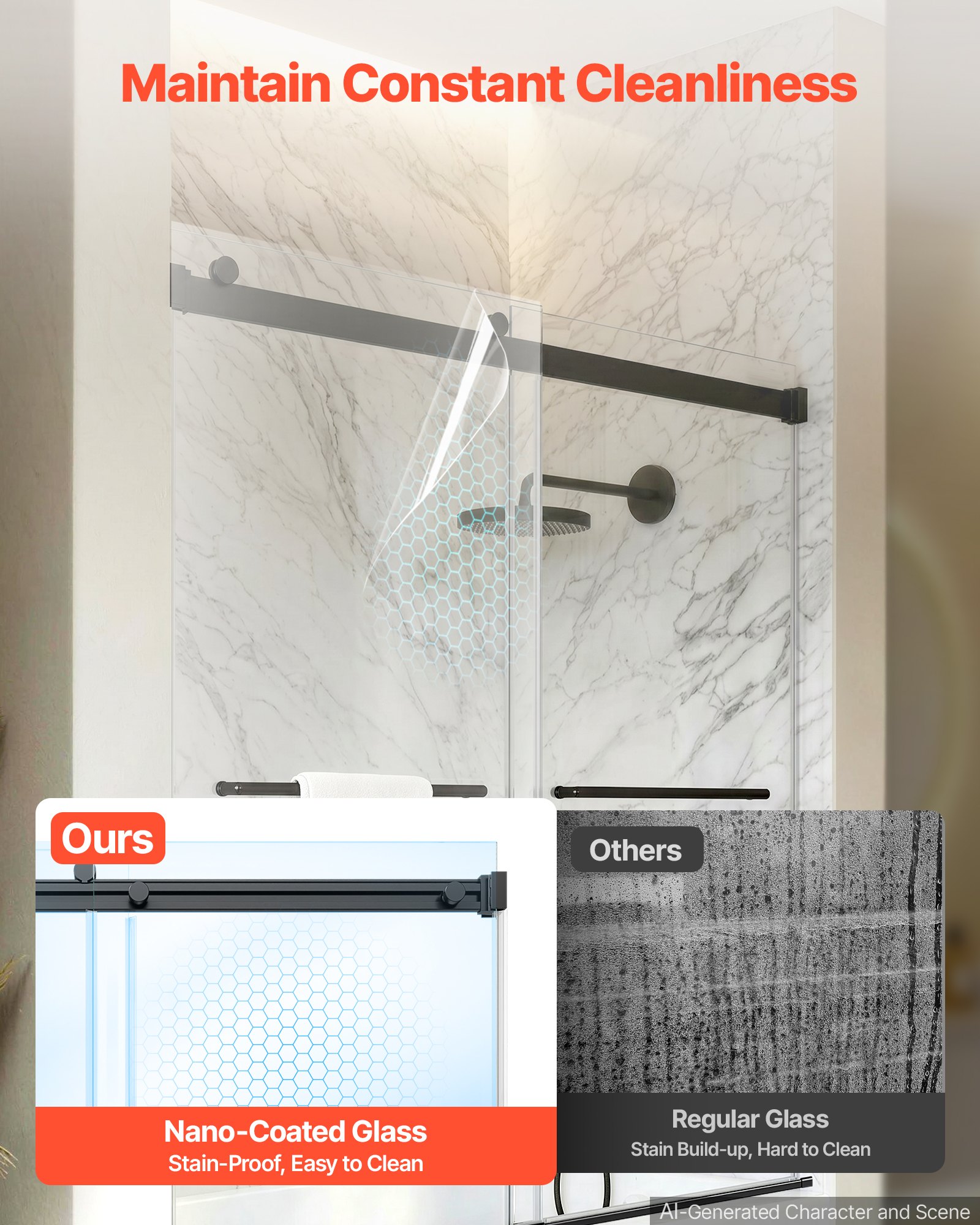 VEVOR Bathtub Shower Door 60"W x 60"H Frameless Bypass Sliding Doors Black, 5/16" Clear Tempered Glass, Double Sliding Tub Shower Doors with 2 Stainless Steel Handles, Nano Coating, for Bathroom Tubs
