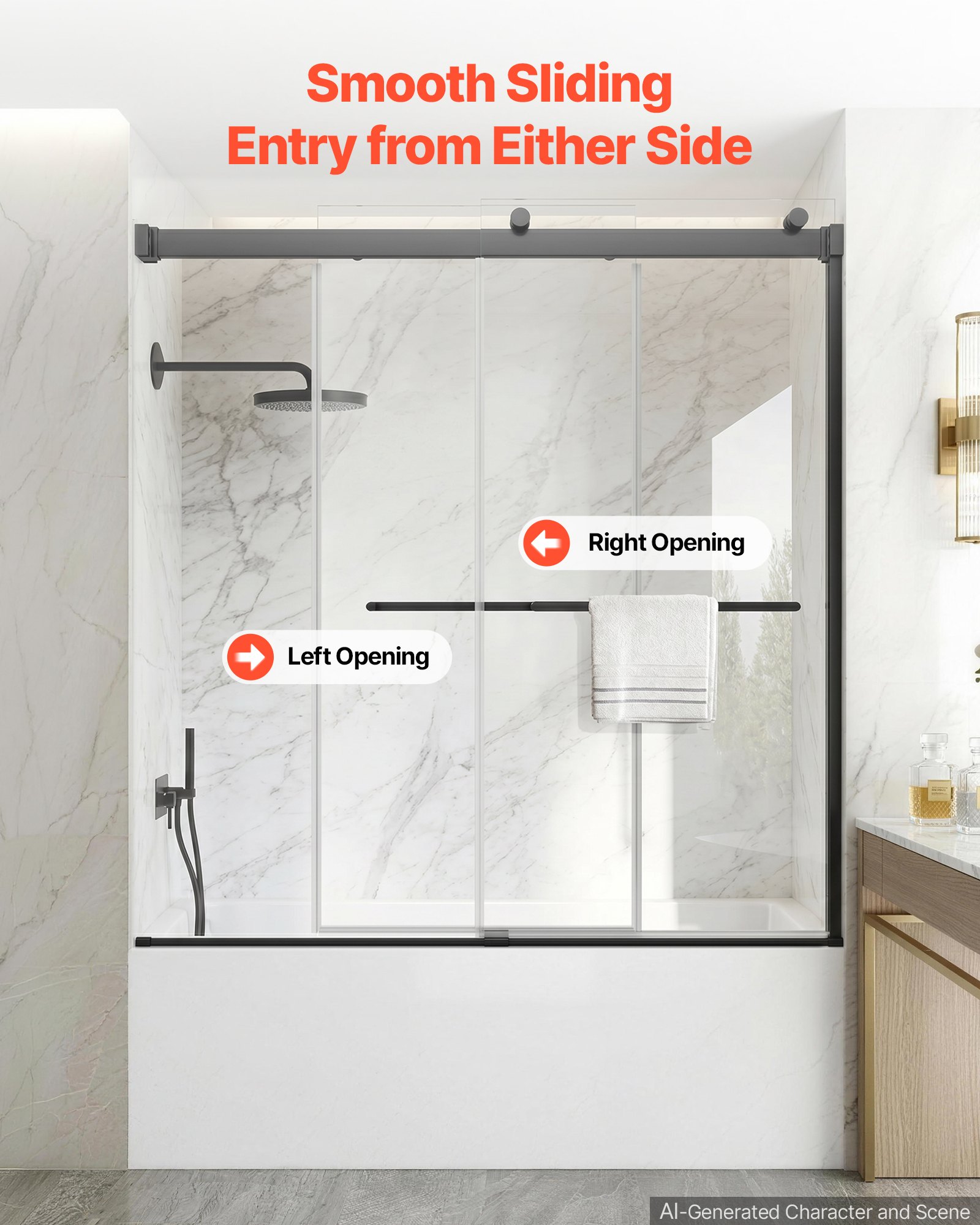 VEVOR Bathtub Shower Door 60"W x 60"H Frameless Bypass Sliding Doors Black, 5/16" Clear Tempered Glass, Double Sliding Tub Shower Doors with 2 Stainless Steel Handles, Nano Coating, for Bathroom Tubs