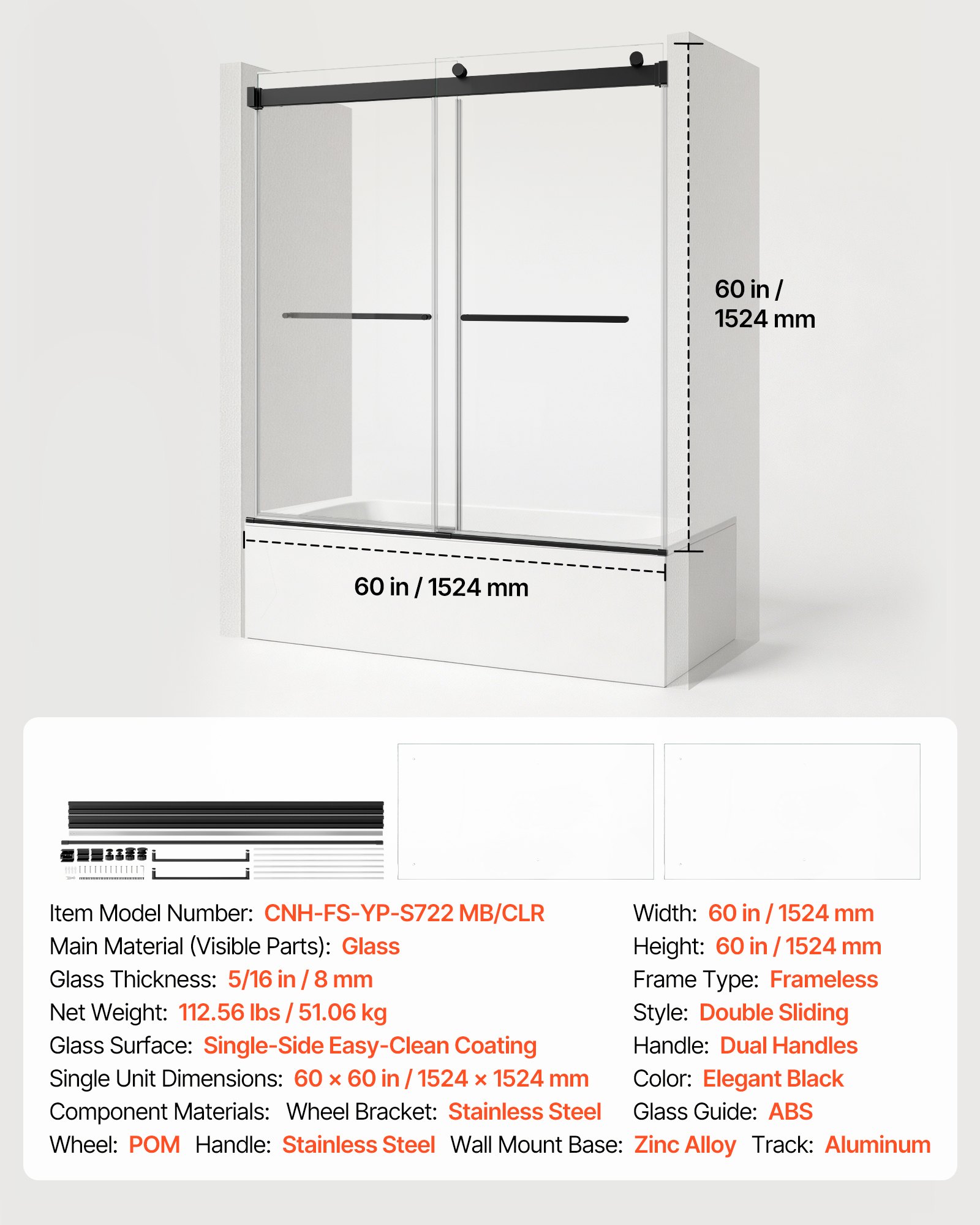 VEVOR Bathtub Shower Door 60"W x 60"H Frameless Bypass Sliding Doors Black, 5/16" Clear Tempered Glass, Double Sliding Tub Shower Doors with 2 Stainless Steel Handles, Nano Coating, for Bathroom Tubs