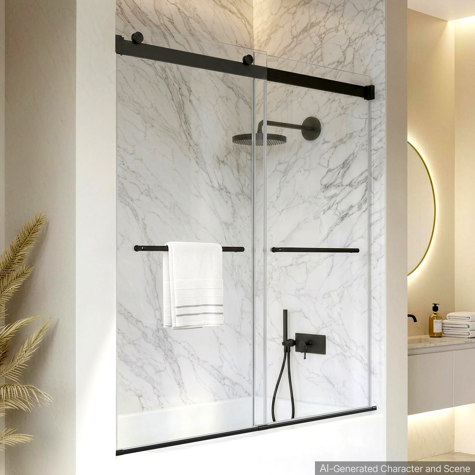 VEVOR Bathtub Shower Door 60"W x 60"H Frameless Bypass Sliding Doors Black, 5/16" Clear Tempered Glass, Double Sliding Tub Shower Doors with 2 Stainless Steel Handles, Nano Coating, for Bathroom Tubs