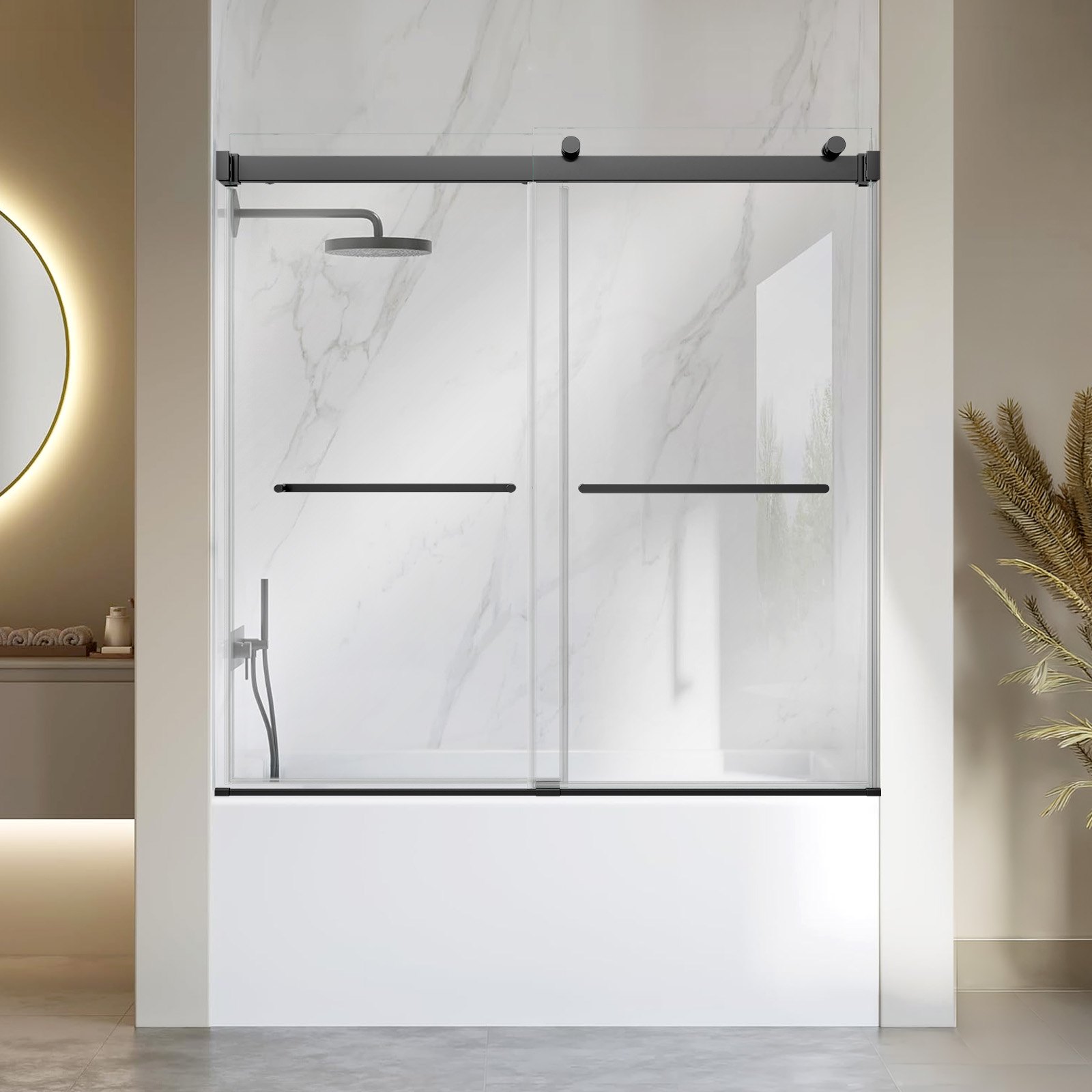 VEVOR Bathtub Shower Door 60"W x 60"H Frameless Bypass Sliding Doors Black, 5/16" Clear Tempered Glass, Double Sliding Tub Shower Doors with 2 Stainless Steel Handles, Nano Coating, for Bathroom Tubs