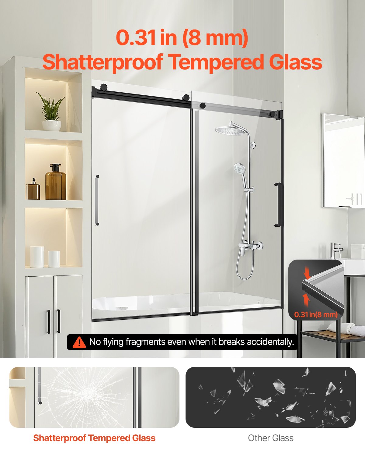 VEVOR Frameless Sliding Bathtub Door, 56-60 in.W x 60 in.H, Frameless Shower Glass Door, Frameless Double Sliding Tub Door with 5/16 in Clear Tempered Glass and Stainless Steel Handle, Black Finish
