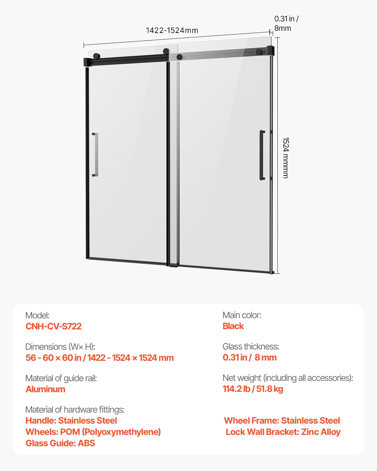 VEVOR Frameless Sliding Bathtub Door, 56-60 in.W x 60 in.H, Frameless Shower Glass Door, Frameless Double Sliding Tub Door with 5/16 in Clear Tempered Glass and Stainless Steel Handle, Black Finish
