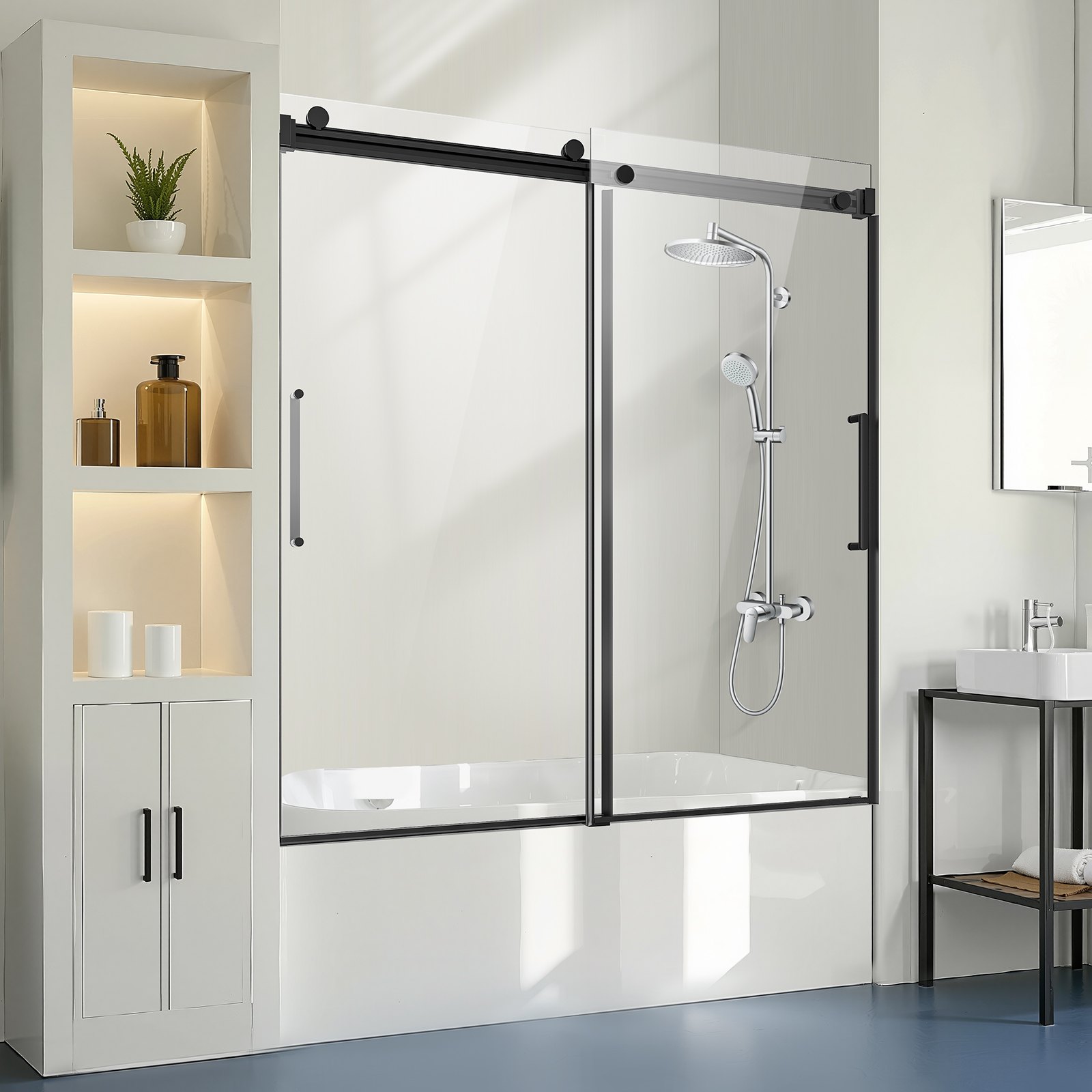 VEVOR Frameless Sliding Bathtub Door, 56-60 in.W x 60 in.H, Frameless Shower Glass Door, Frameless Double Sliding Tub Door with 5/16 in Clear Tempered Glass and Stainless Steel Handle, Black Finish