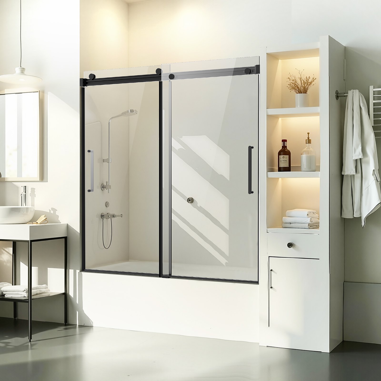VEVOR Frameless Sliding Bathtub Door, 56-60 in.W x 60 in.H, Frameless Shower Glass Door, Frameless Double Sliding Tub Door with 5/16 in Clear Tempered Glass and Stainless Steel Handle, Black Finish
