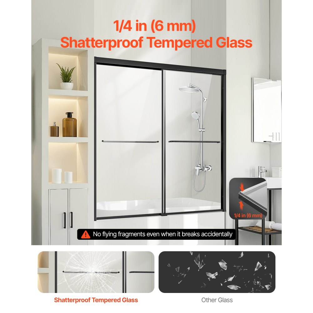 VEVOR Bathtub Shower Door, 1422-1524 mm x 1524 mm, Semi-Frameless Double Sliding Tub Door, Semi-Frameless Bypass Tub Door with 1/4 in Shatterproof Tempered Glass and Stainless Steel Handle, Black