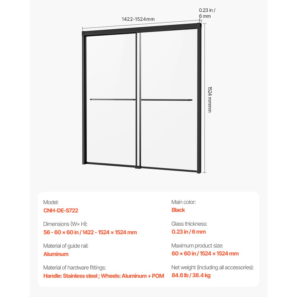 VEVOR Bathtub Shower Door, 1422-1524 mm x 1524 mm, Semi-Frameless Double Sliding Tub Door, Semi-Frameless Bypass Tub Door with 1/4 in Shatterproof Tempered Glass and Stainless Steel Handle, Black