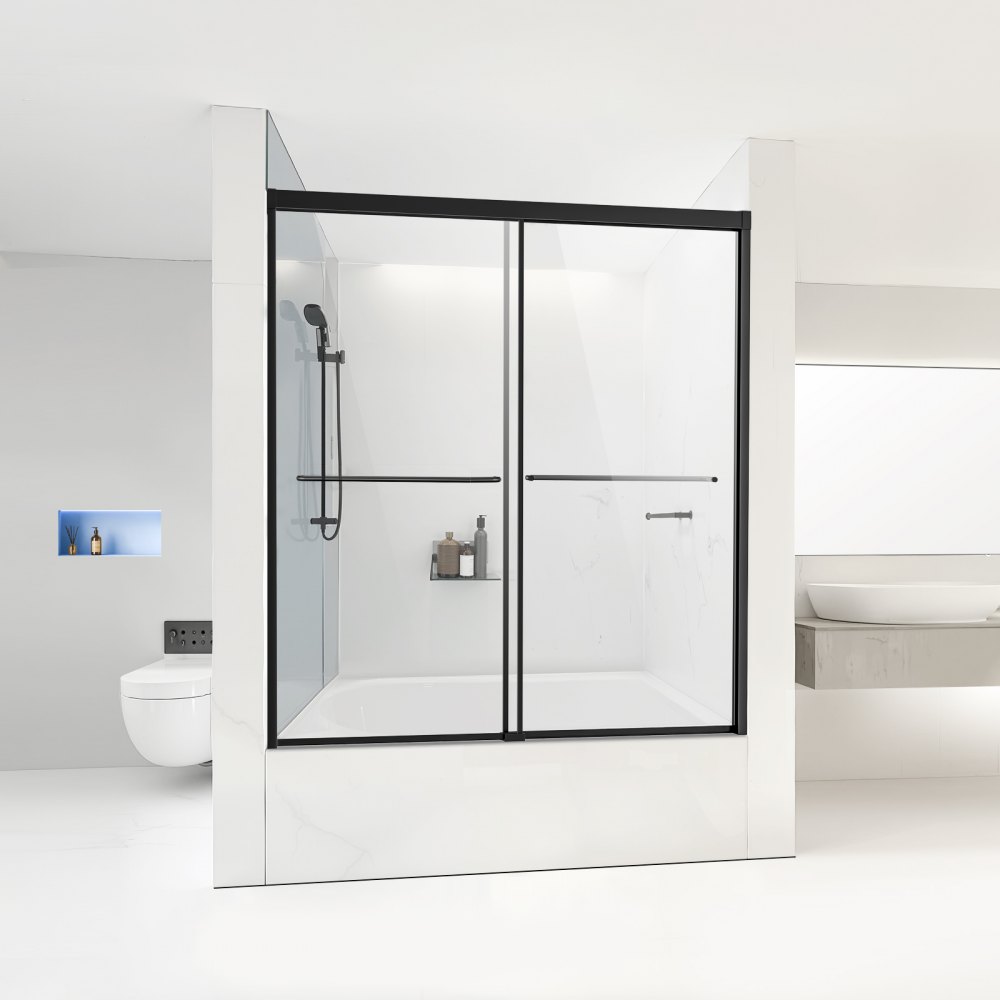 VEVOR Bathtub Shower Door, 1422-1524 mm x 1524 mm, Semi-Frameless Double Sliding Tub Door, Semi-Frameless Bypass Tub Door with 1/4 in Shatterproof Tempered Glass and Stainless Steel Handle, Black
