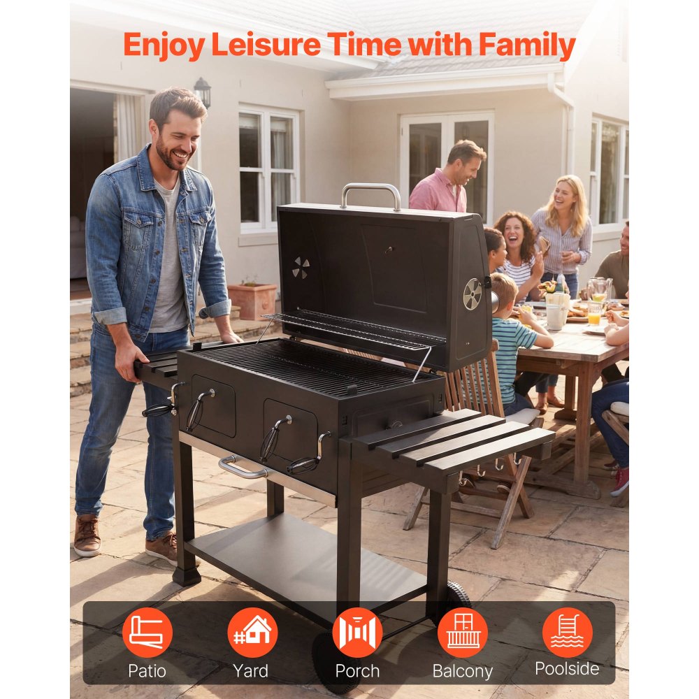 VEVOR Charcoal Grill, 0.5 m² Large Charcoal Barbecue Grill with 2 Liftable Charcoal Trays & Folding Side Tables, High-Temp Powder-Coated Steel BBQ Cooking Grills for Patio Backyard Party