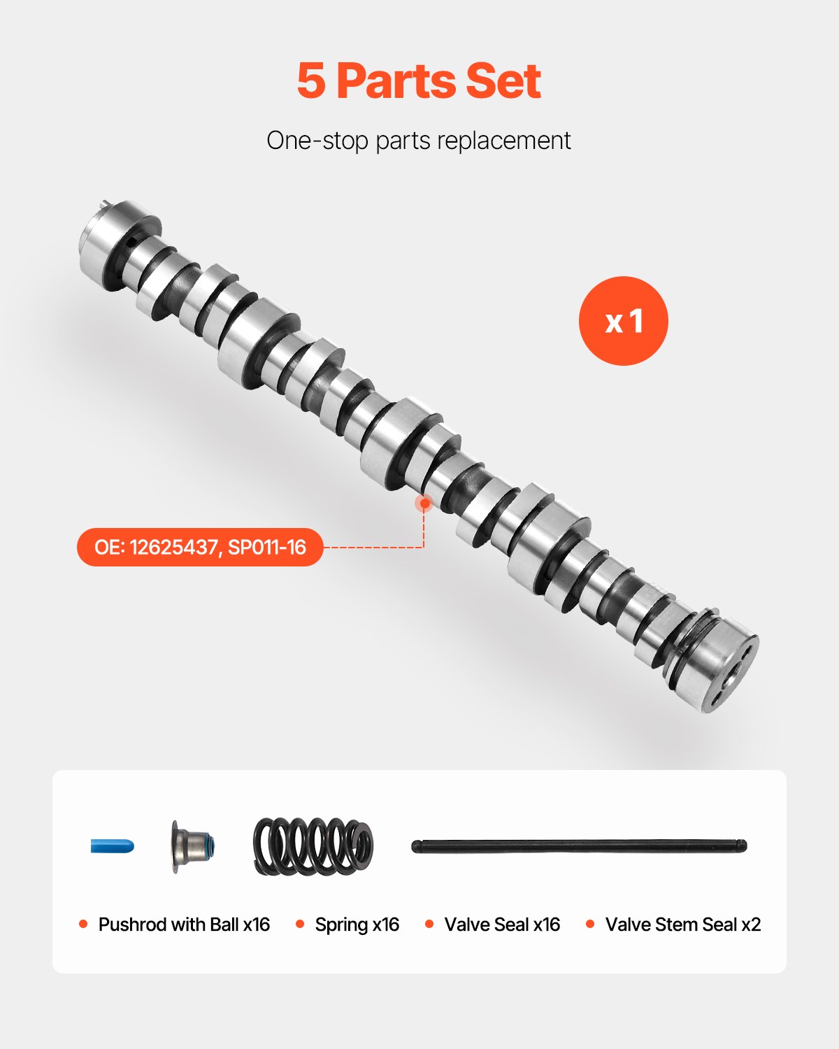 VEVOR LS Truck Cam Kit, 5-Piece Set, Includes Pushrods Springs & Seals, Compatible with 1999-2013 GM Gen3/4 Norris Trucks, Fits 4.8L, 5.3L, 6.0L ,6.2L Engines, OE 12625437 SP011-16