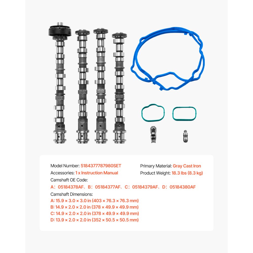 VEVOR Engine Camshafts Rockers Arm Lifters Kit, Cam Replacement for 2011-2016 Jeep Cherokee/Wrangler/Grand Cherokee, 2011-2016 Dodge Caravan/Journey/Durango
