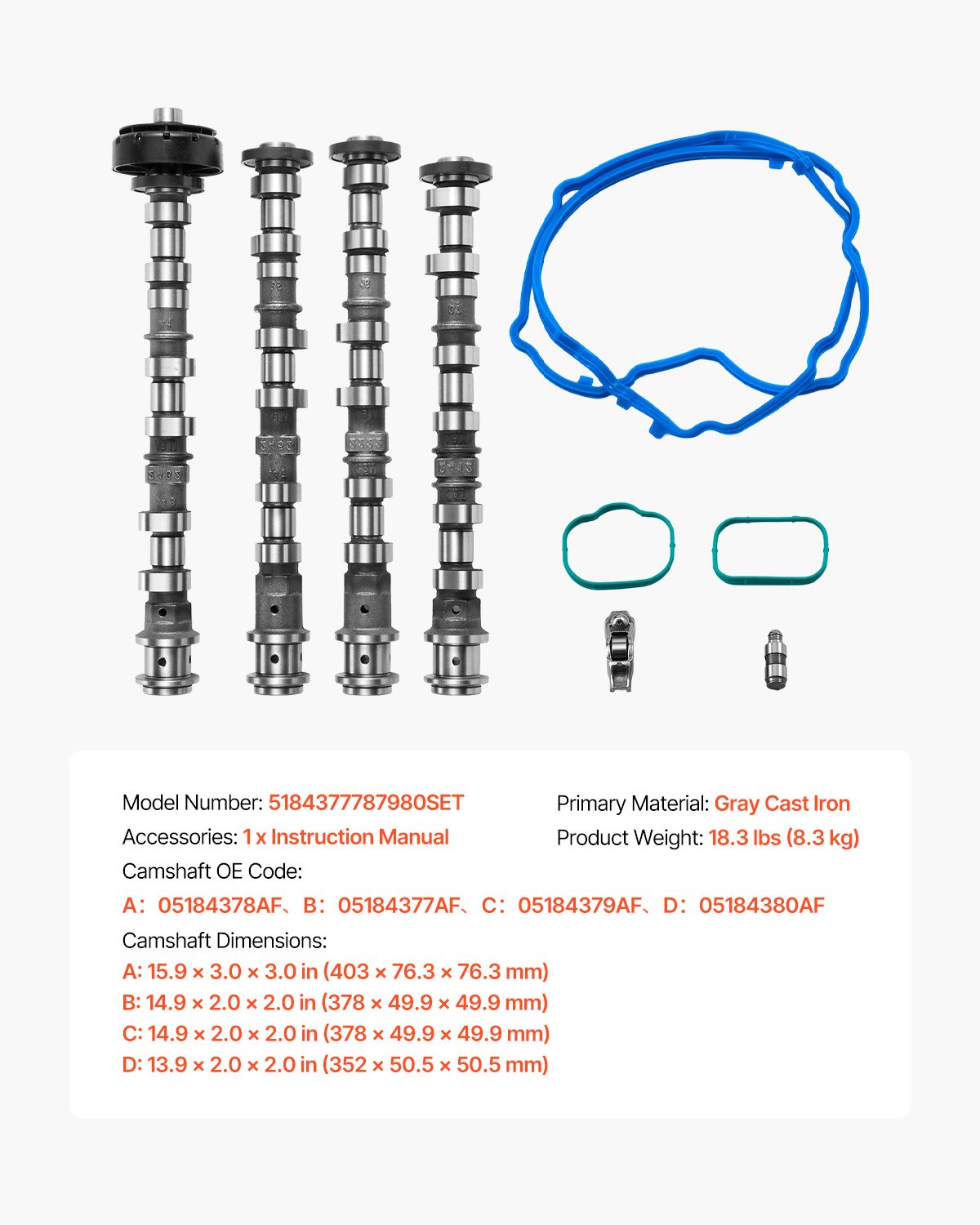 VEVOR Engine Camshafts Rockers Arm Lifters Kit, Cam Replacement for 2011-2016 Jeep Cherokee/Wrangler/Grand Cherokee, 2011-2016 Dodge Caravan/Journey/Durango