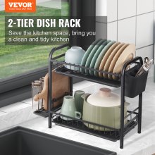 VEVOR Dish Drying Rack, 2 Tier Large Capacity Dish Drainers, Rustproof Carbon Steel Dish Drainer with Drainboard, Storage Space Saver, Cup and Utensil Holder for Kitchen Counter Over The Sink, Black