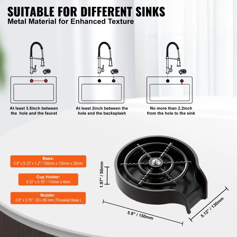 VEVOR glass rinser compatibility guide for different sinks, showing required distances and dimensions.