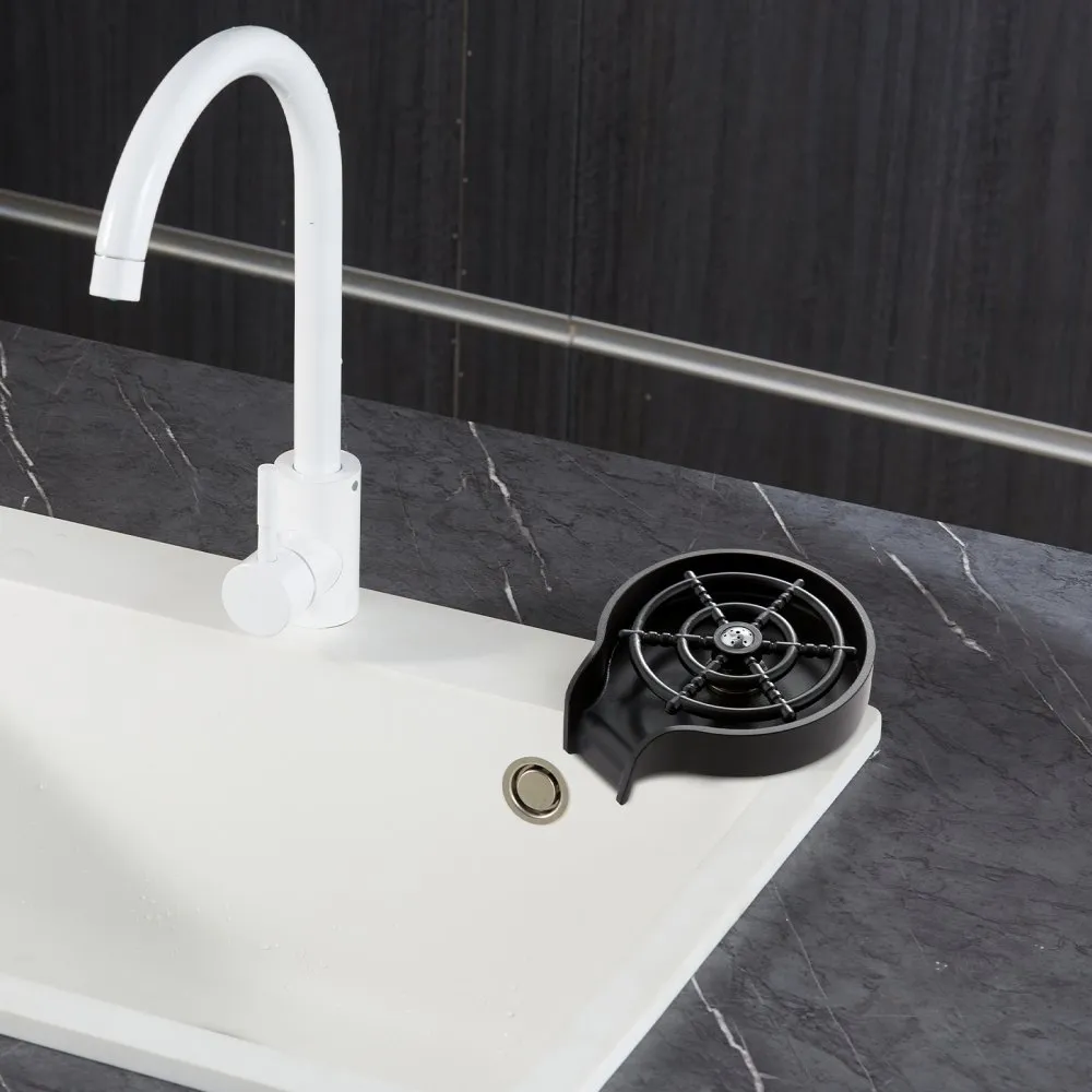 white kitchen faucet with VEVOR glass rinser on a marble countertop and black backsplash.