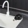 white kitchen faucet with VEVOR glass rinser on a marble countertop and black backsplash.