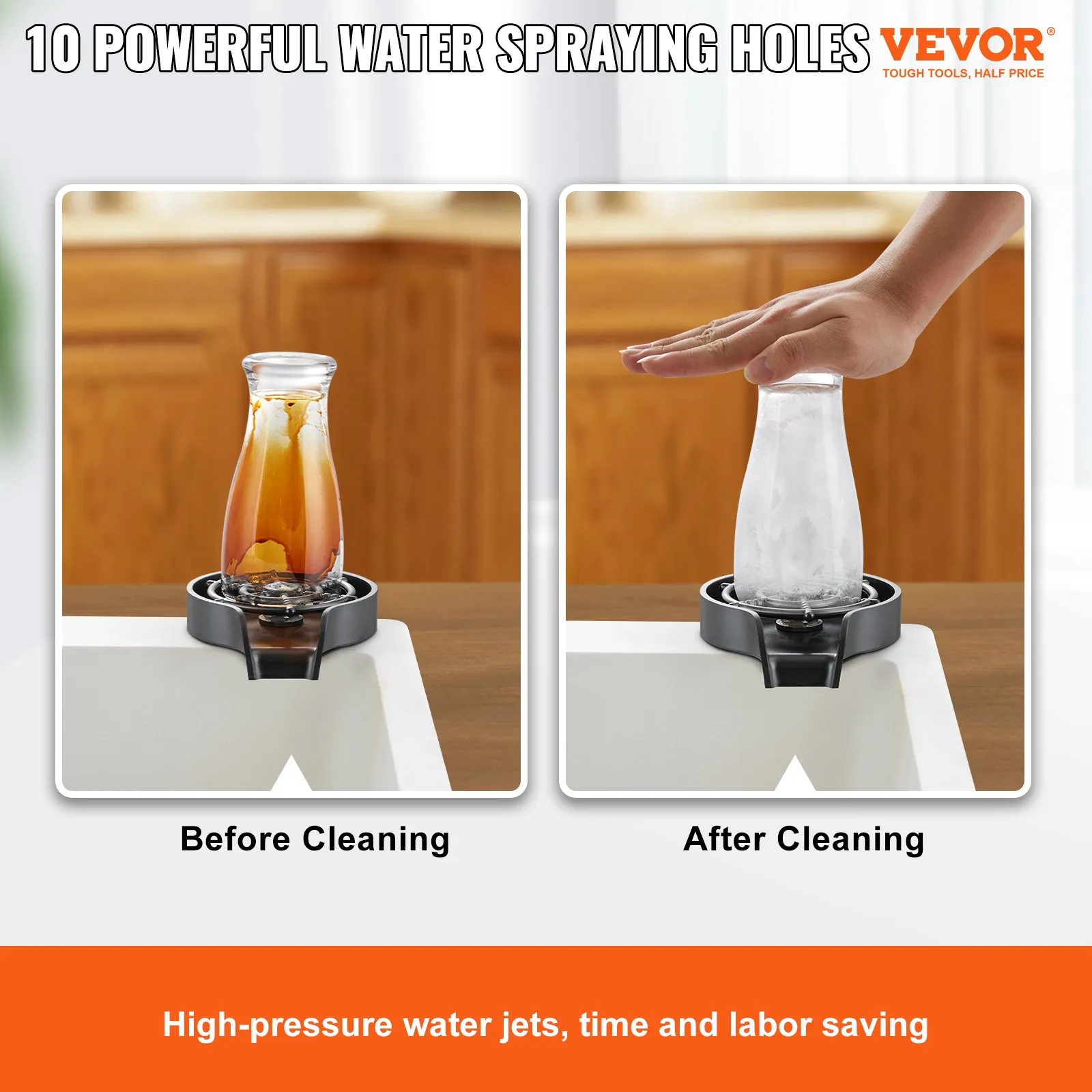 glass cleaning using VEVOR glass rinser with powerful water jets, showcasing before and after cleaning.