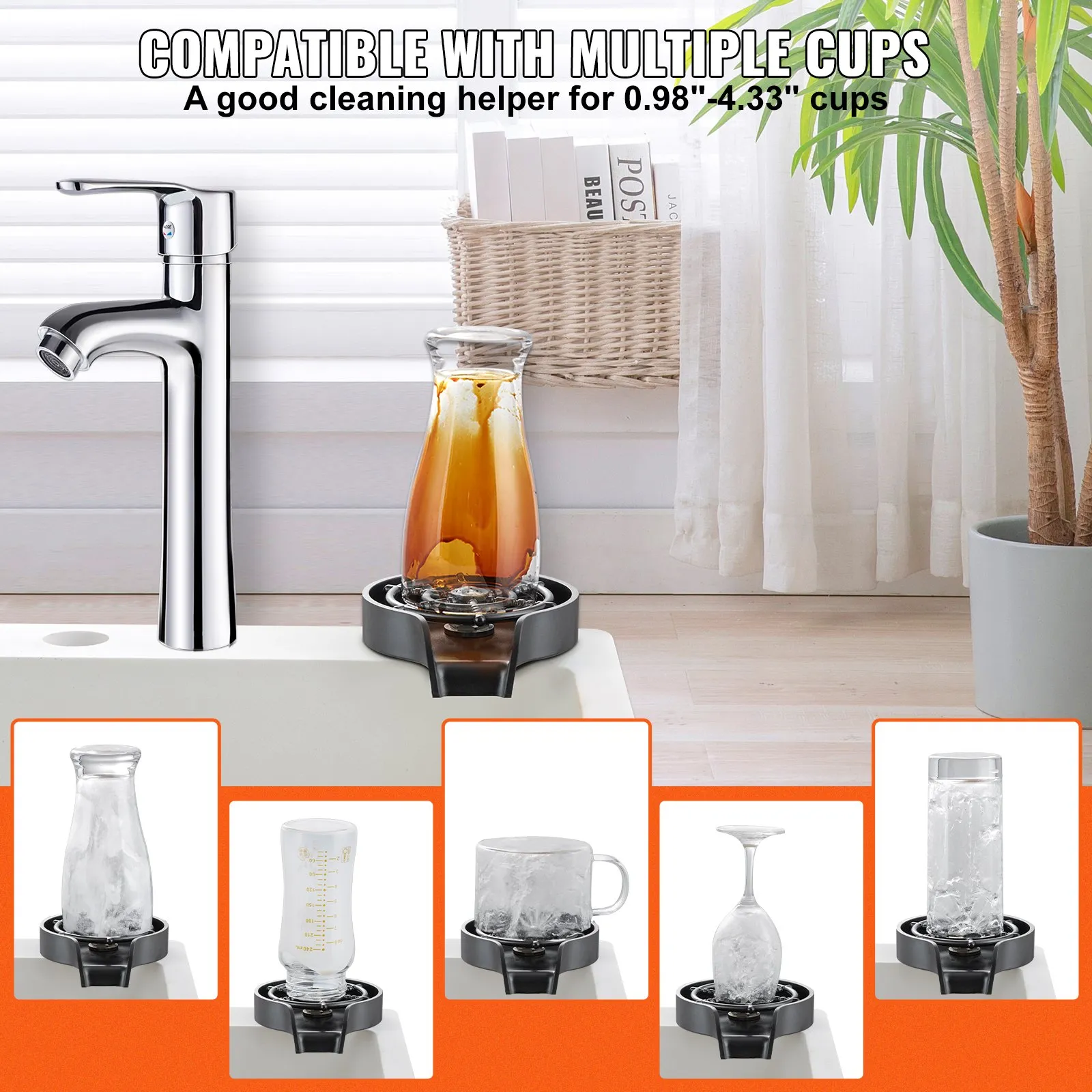 VEVOR glass rinser cleaning various cups in a bright kitchen setting with a chrome faucet nearby.