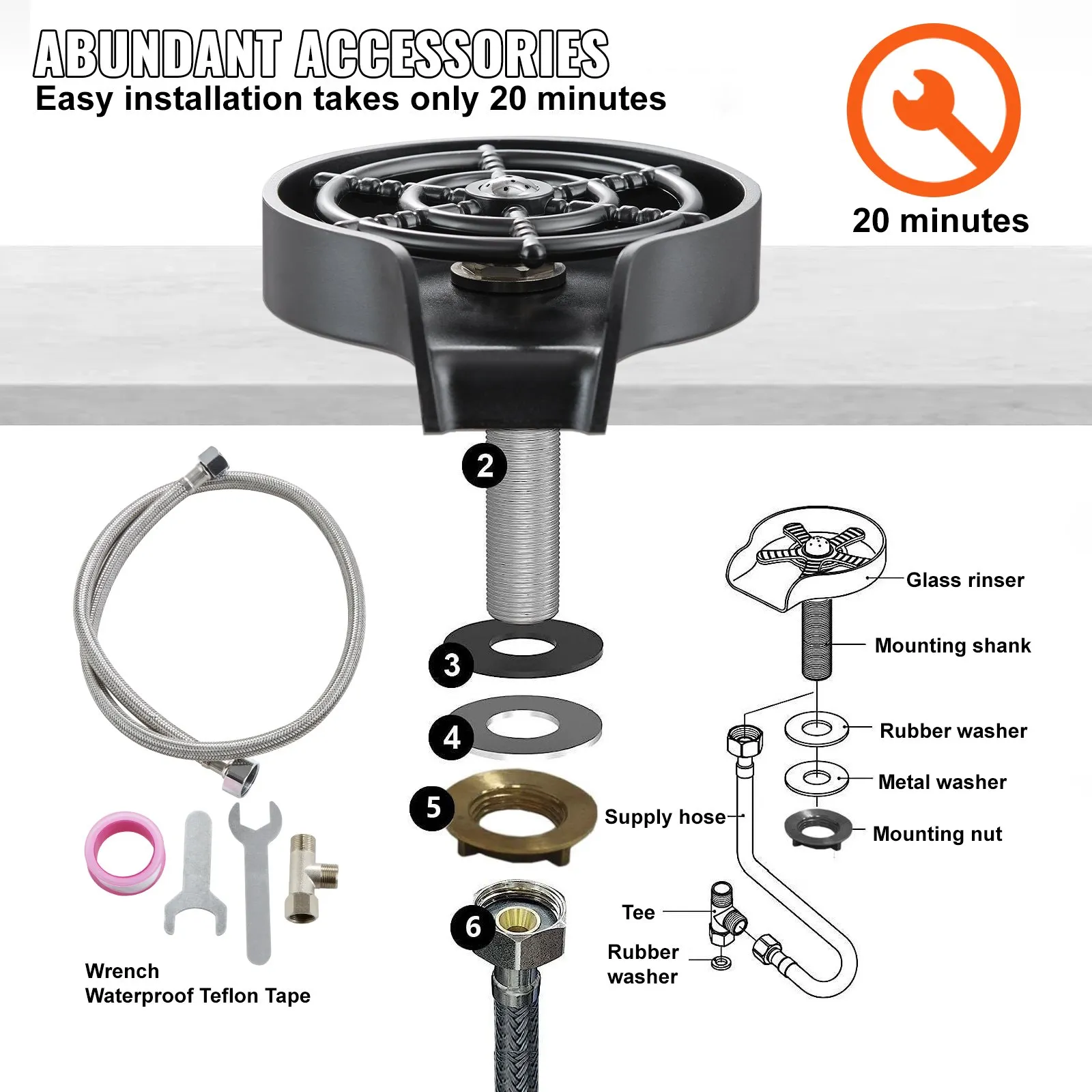 VEVOR glass rinser installation with mounting shank, hose, washers, wrench, and accessories. easy setup.