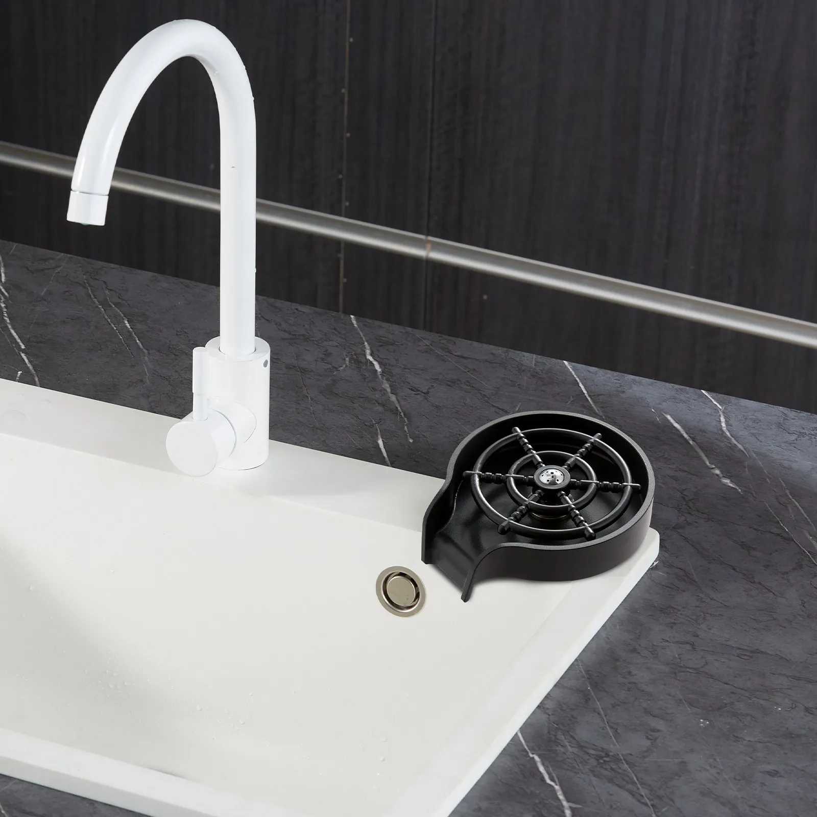 white kitchen faucet with VEVOR glass rinser on a marble countertop and black backsplash.