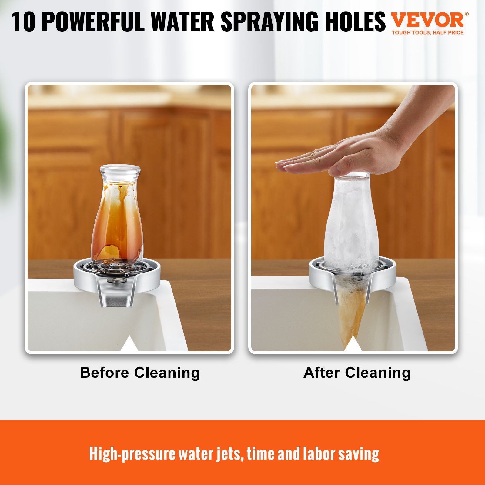 VEVOR glass rinser showcasing before and after cleaning a bottle with water jets in the sink.